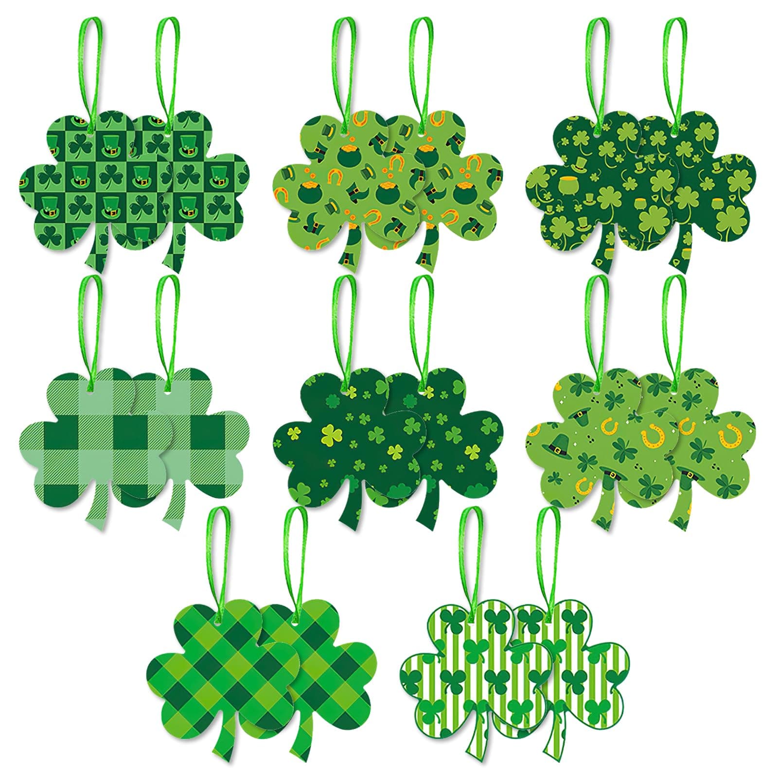 16 PCS St Patricks Day Decorations Hanging Ornaments for Tree, Irish Green Clover Shamrock Paper Ornaments with Hanging Cords, St Patricks Day Decorations, for Gifts Home Party Indoor Outdoor Decor
