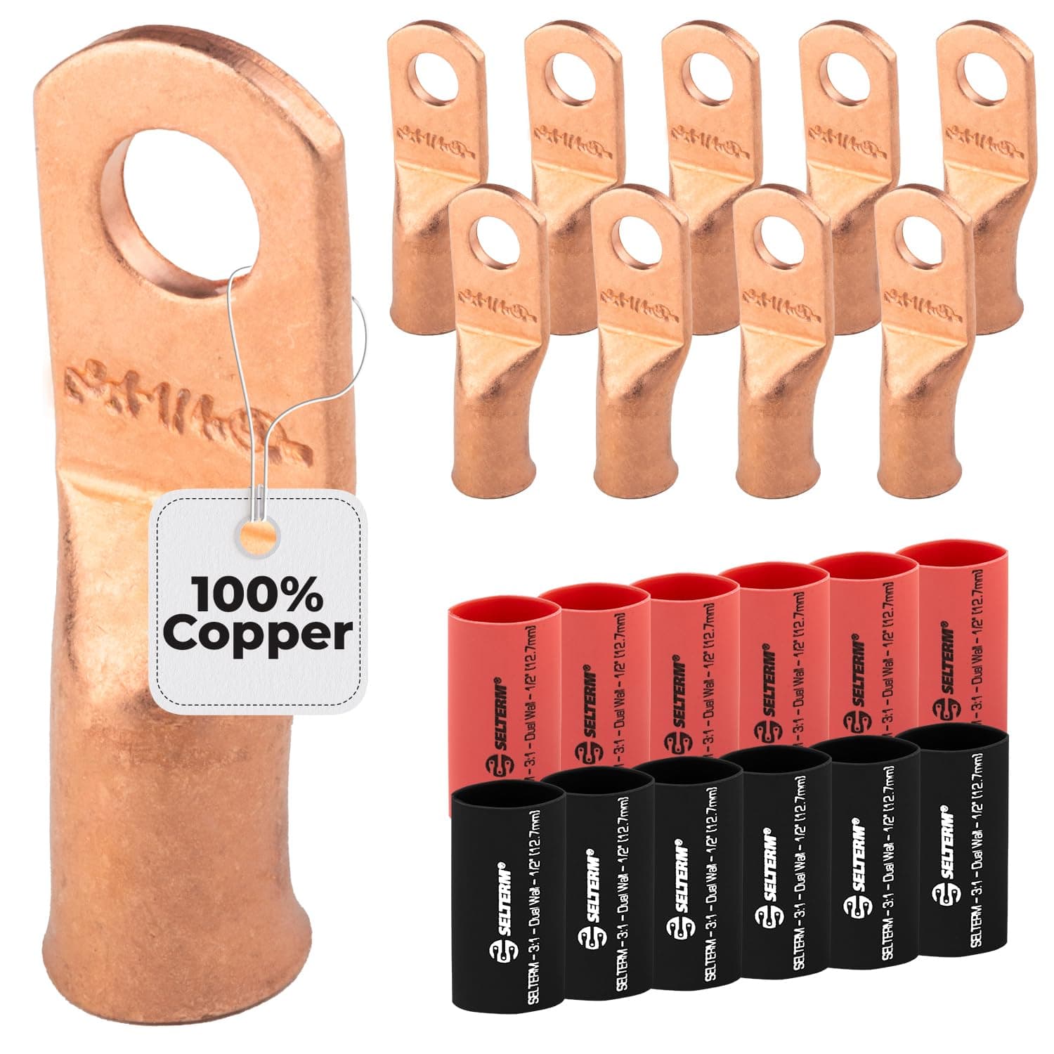 SELTERM 10pcs - 4 Awg - 1/4" Stud - Battery Lugs - Ring Terminal Connectors | with 12pcs 3:1 Black & Red Heat Shrink Tubing with Adhesive | Heavy Duty Battery Cable Ends - Bare Copper Wire Lugs Kit