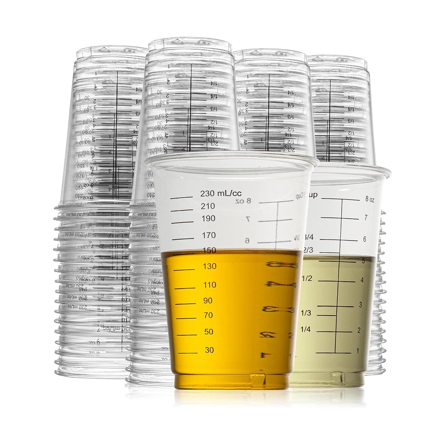 Prestee 50 Disposable Measuring Cups 8 oz - Plastic Paint Measuring Cups and Disposable Mixing Cups for Epoxy Resin - Versatile, Clear Measurement for Wet and Dry Ingredients for Baking and Crafting