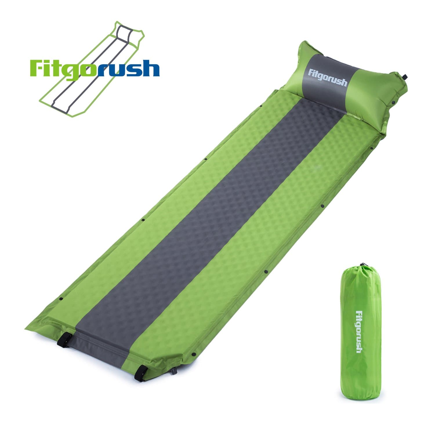 Fitgorush Self Inflating Camping Sleeping Mat/Pad with Attached Pillow, Lightweight & Compact Waterproof Camping Air Inflatable Mattress with Quick Flow Value, Pads for Hiking & Camping, Backpacking, Travel(Green, 74.8" x 24.8" x 0.4 - 2")