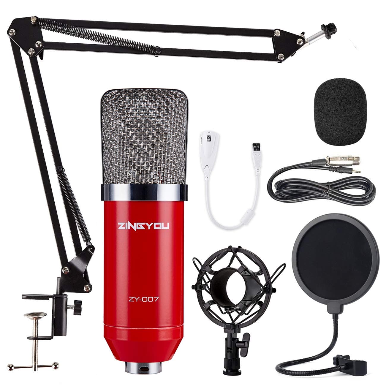 ZINGYOUCondenser Microphone Bundle, ZY-007 Professional Cardioid Studio Condenser Microphone and Adjustable Suspension Scissor Arm Stand with Shock Mount, Pop Filter for Recording&Broadcasting(red)