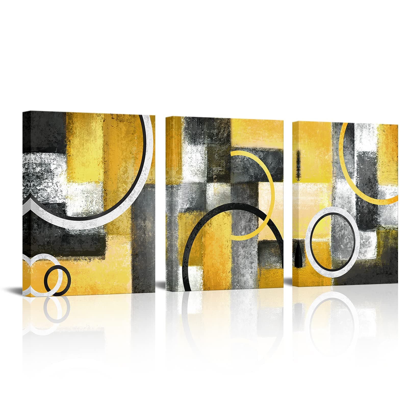 Visual Art Decor Yellow and Grey Abstract Geometric Circle Canvas Wall Art Rustic Lemon Yellow Prints Artwork for Living Room Bedroom Wall Decoration