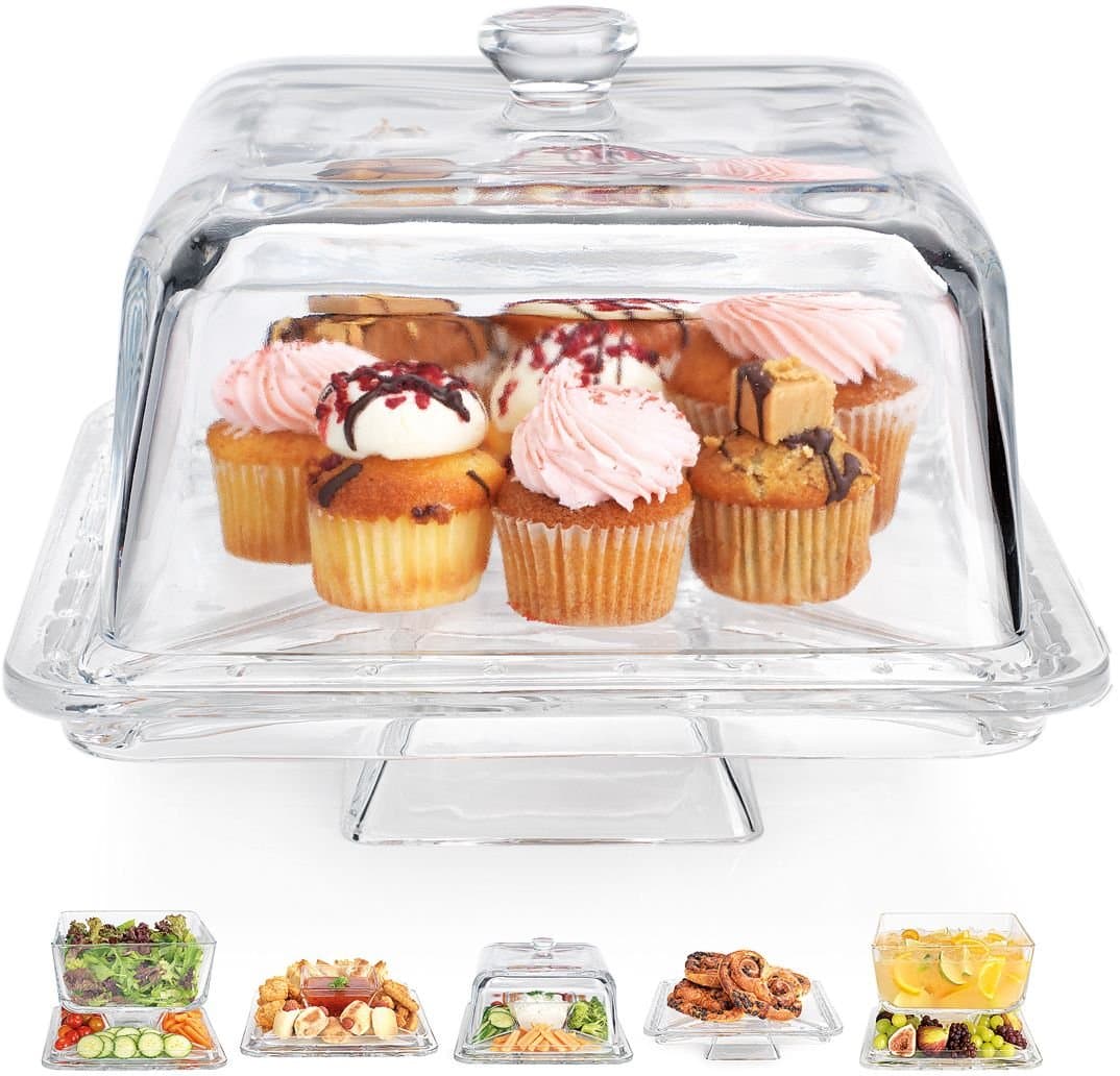 Amazing Multifunctional Square Serving Piece - Cake Stand and Pie Dome, Footed Punch or Salad Bowl, Elegant Chip 'N Dip Plate - Attractive Party Centerpiece