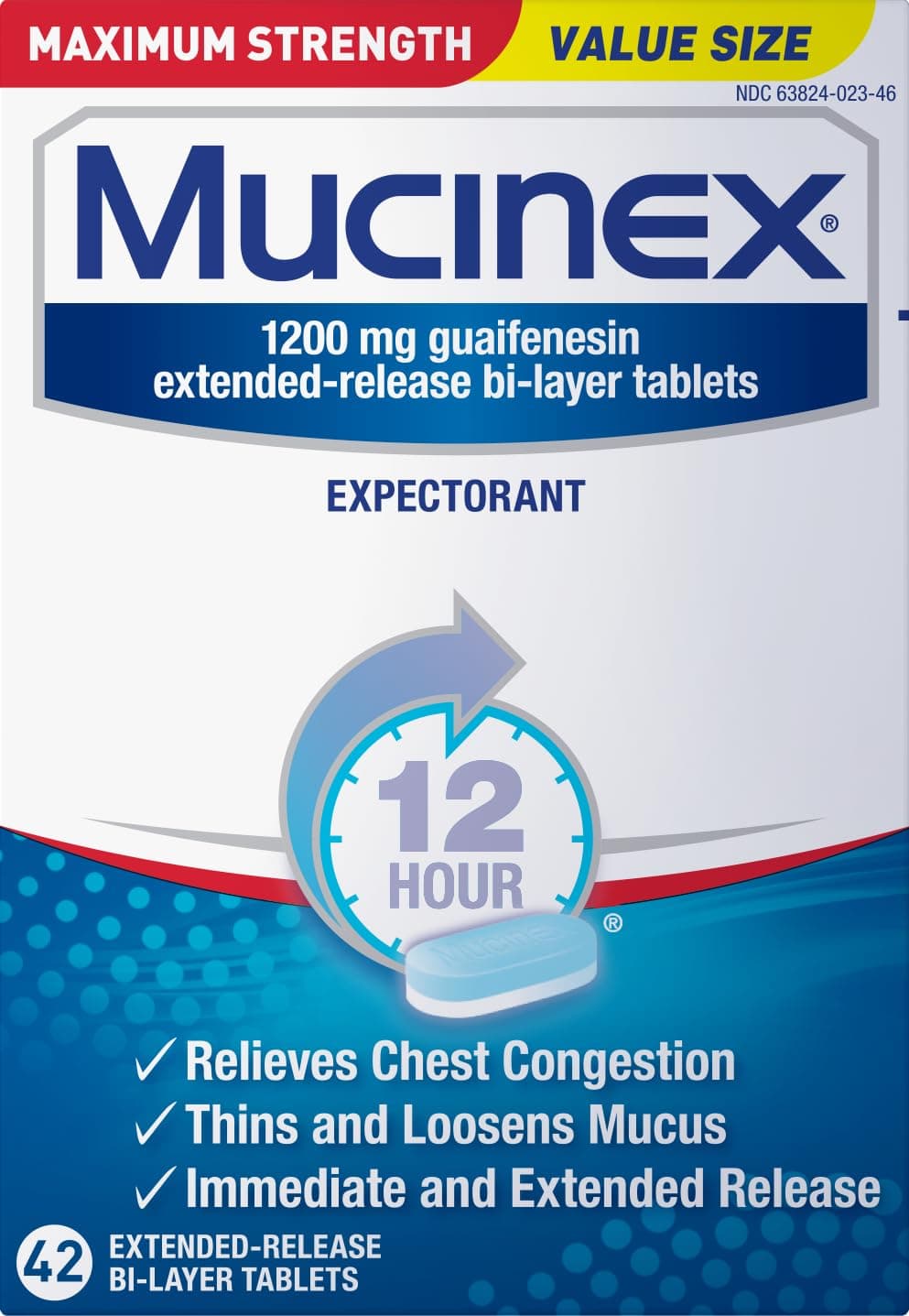 12 Hour Maximum Strength 1200 mg Guaifenesin Extended-Release Tablets for Excess Mucus Relief, Expectorant Aids Excess Mucus Removal, Chest Congestion Relief, 42 Tablets