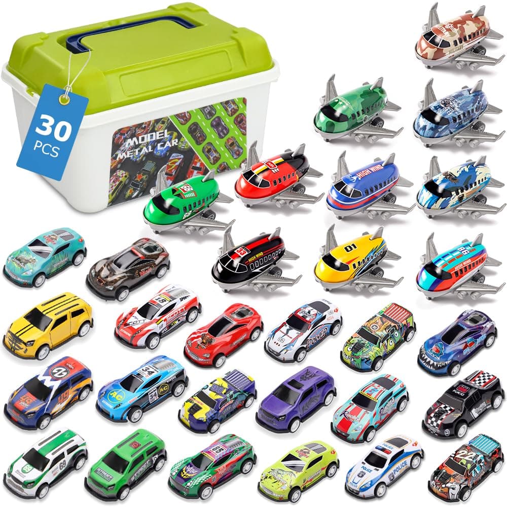 30 Pcs Pull Back Toy Cars & Planes Set with Storage Box, 20 Alloy Race Cars 10 Planes Mixed Vehicle Toys, Party Favors Toys, Goodie Bag Stuffers, Pinata Fillers, 3+ Years Old Kids Boys Girls Gift