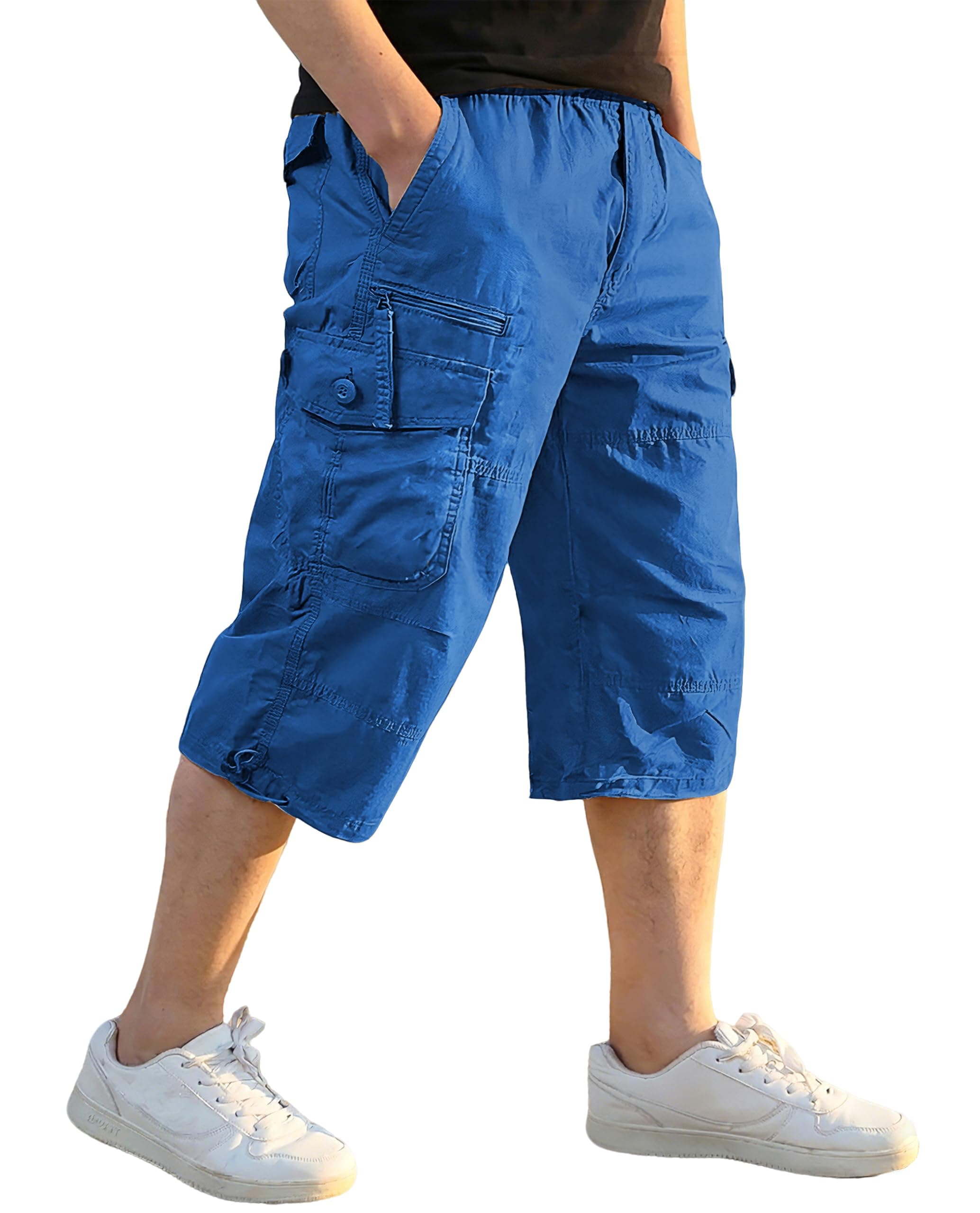 EKLENTSON Men's Cargo Shorts Casual Twill Elastic 3/4 Capri Pants Below Knee Long Shorts with 7 Pockets