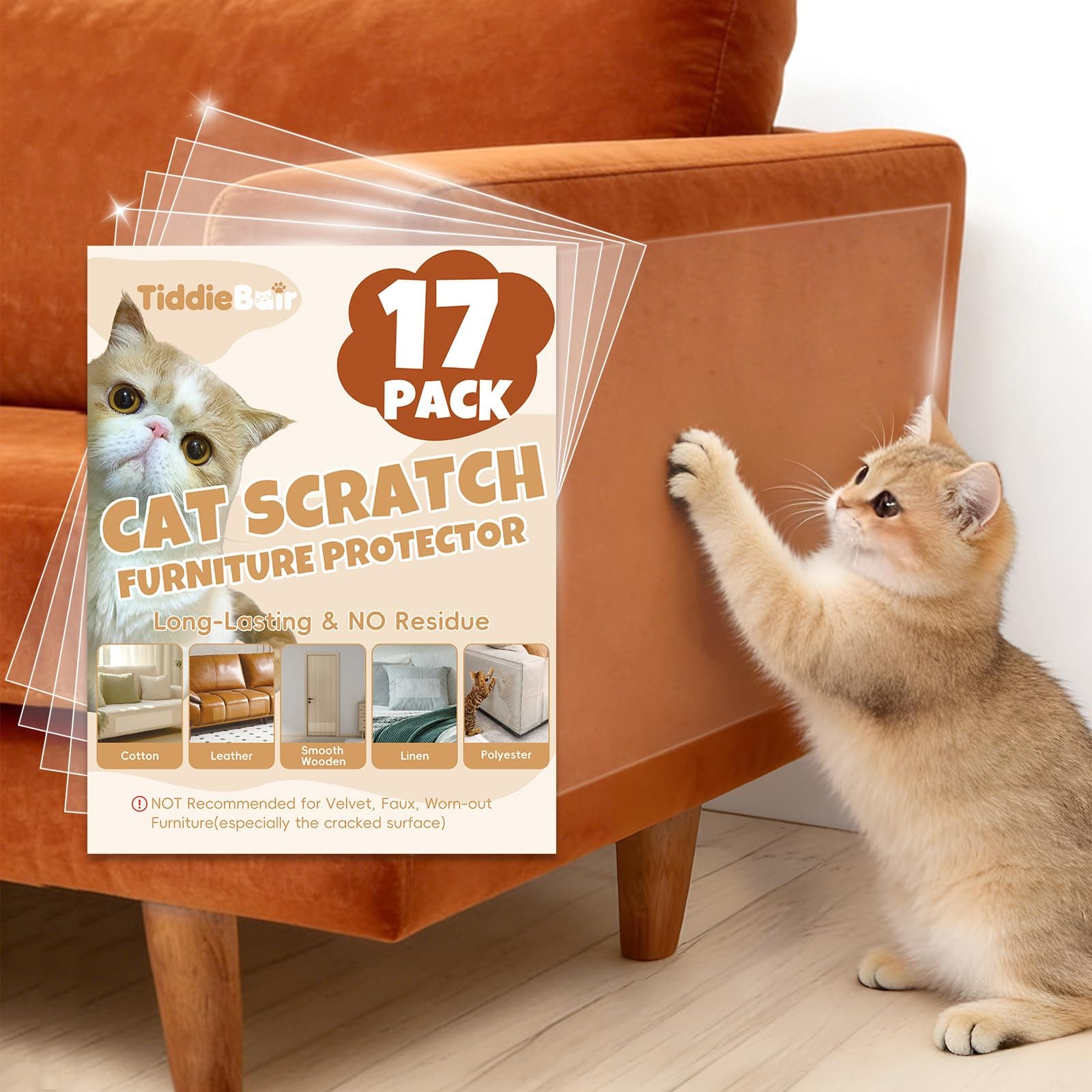 17Pack- Anti Cat Scratch Furniture Protector, Clear Couch Protector from Cat Claws, Pet Deterrent for Sofa Wall Door Bed, Single Sided Self Adhesive Easy Apply, Heavy Duty- with 50 Twist Pins