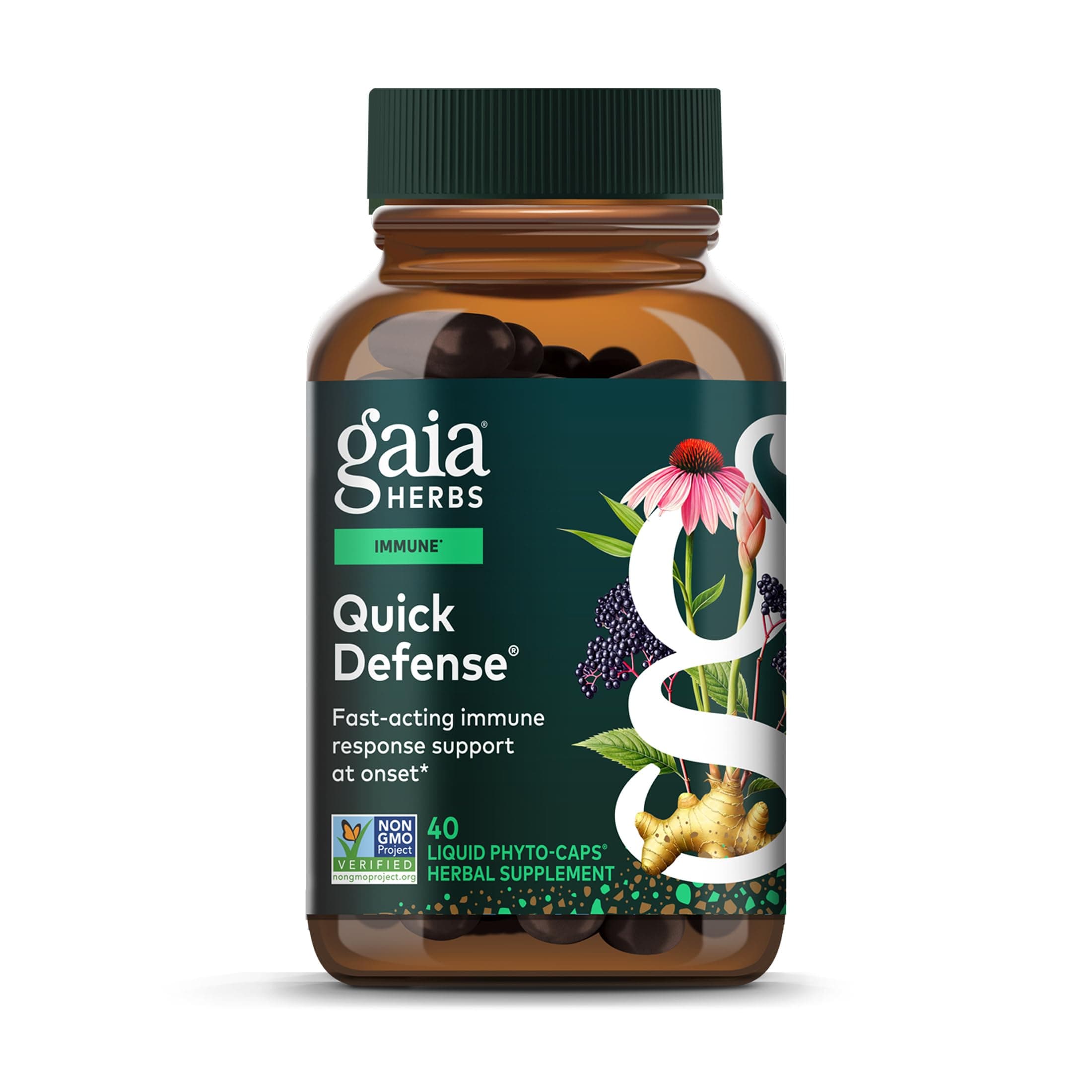 Quick Defense - Fast-Acting Immune Support Supplement* - Echinacea, Black Elderberry, Ginger & Andrographis - 40 Vegan Liquid Phyto-Caps (20 Servings)