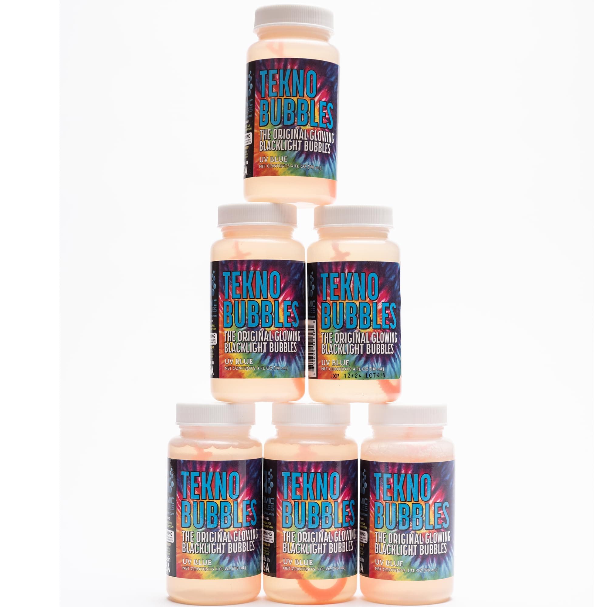 Atomic BubblesTekno Bubbles - Blue 6 Pack - 4oz Bottles, UV Blacklight Glow Bubbles, Glow Parties, Indoor & Outdoor, Safe for Kids, Non-Toxic