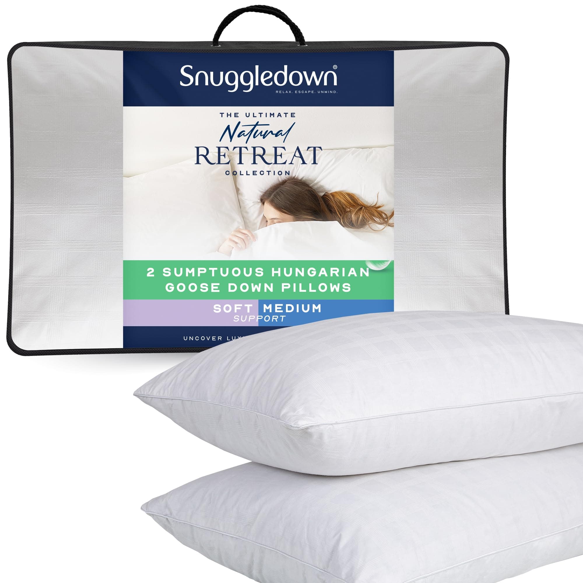 Snuggledown Hungarian Goose Down Pillows 2 Pack - 80:20 Ethically Sourced Fill for Front & Back Sleepers | Jacquard Cotton Cover, UK‑Made, Non-Allergenic & Washable (48 × 74 cm)