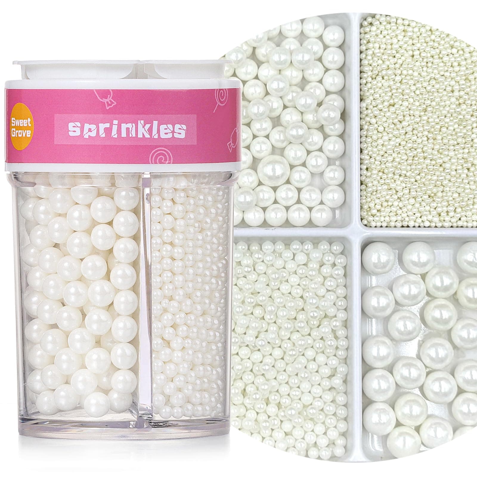 Sprinkles, Sprinkles for Cake Decorating 4 Sizes, 7.7 Oz Pearl White Sprinkles for Baking Cake Cupcake Ice Cream Chocolate Cookie Decorating Celebrations Wedding Shower Party