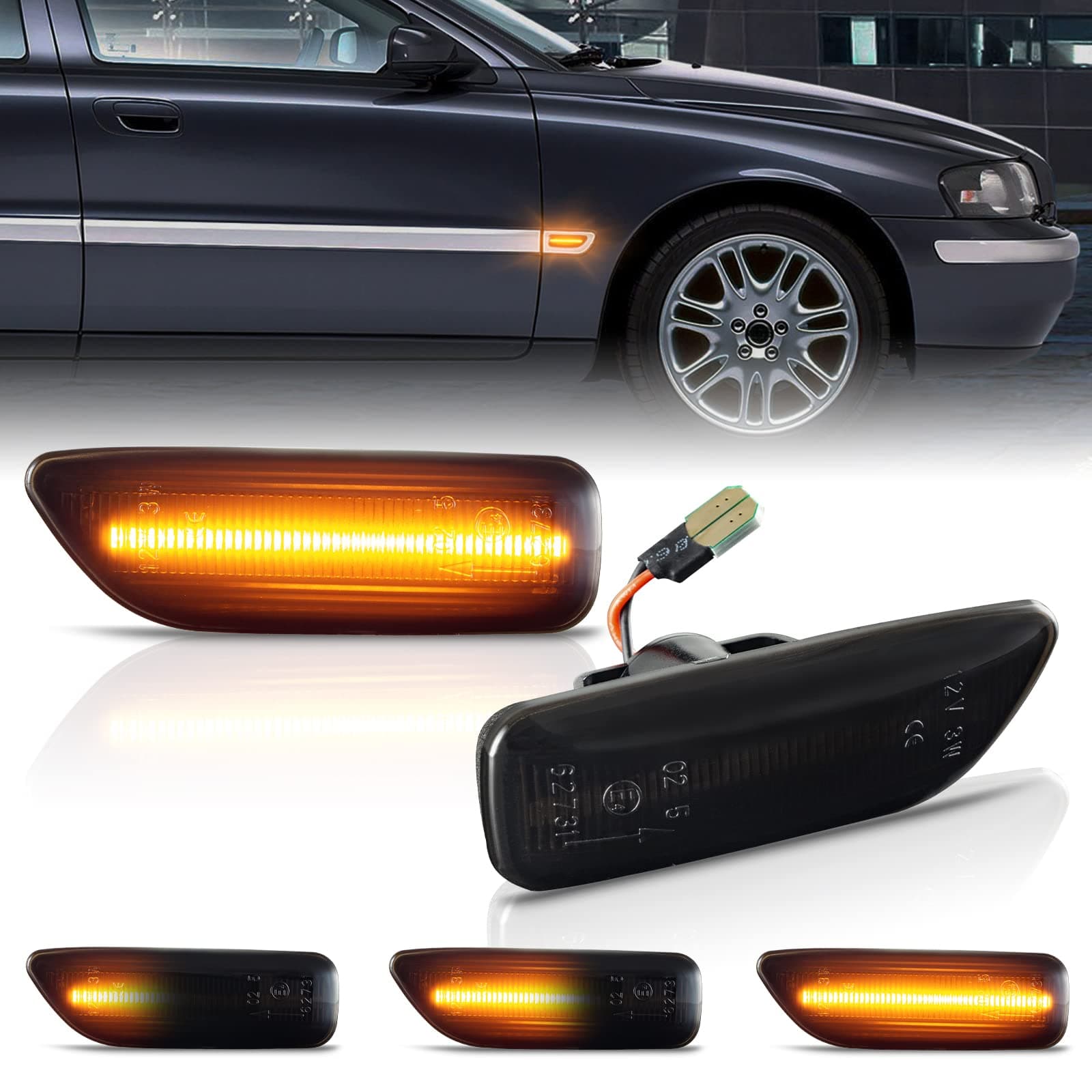 POPMOTORZ Sequential Dynamic Side Marker Turn Signal Lights, Led Amber Fender Side Marker Lamps Assembly Compatible with 1998-2007 Vol-vo S60 S80 V70 XC90 XC70 Repeater Smoked Lens