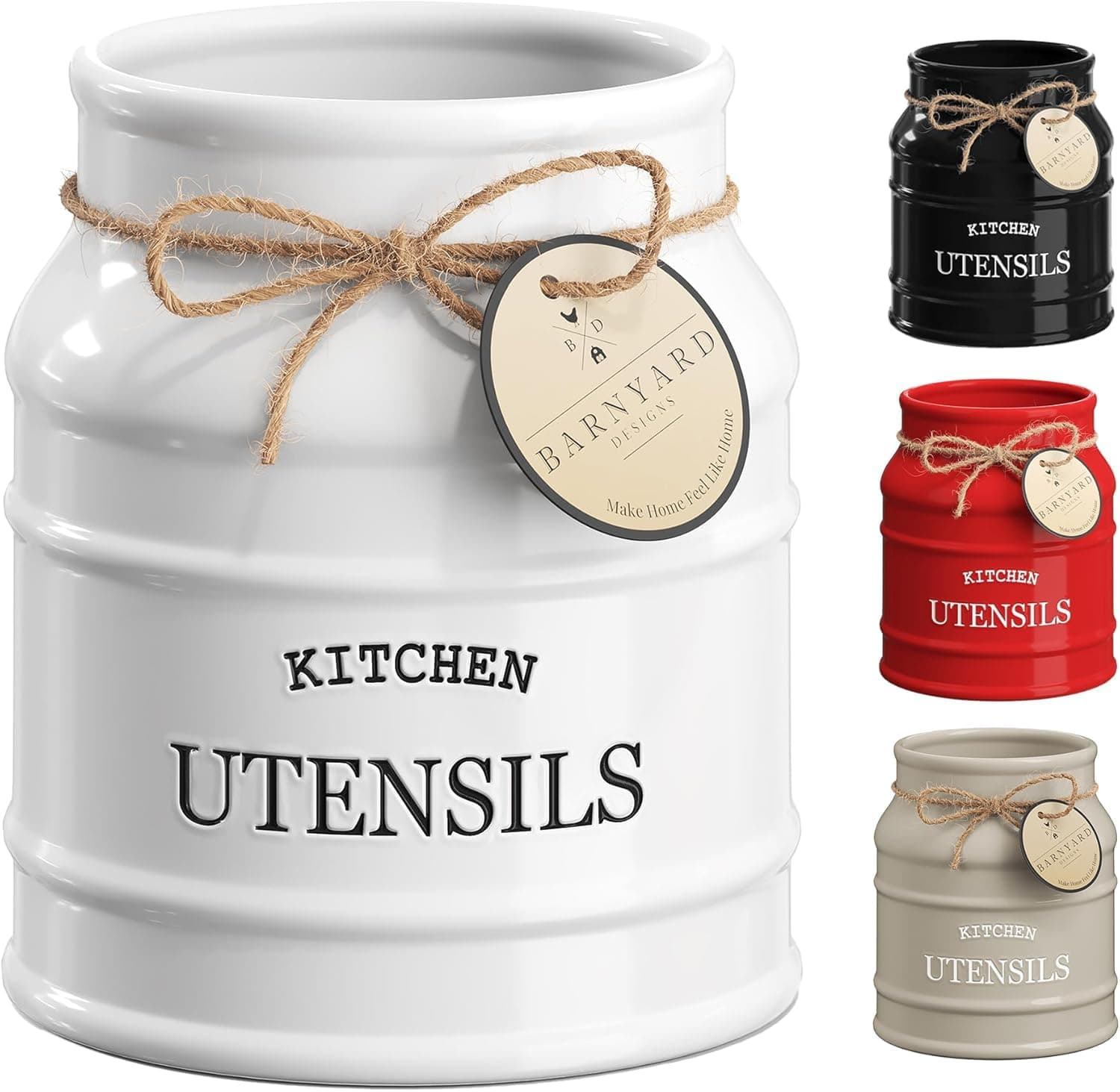 Barnyard Designs Ceramic Utensil Crock Holder for Kitchen Counter, Rustic Farmhouse Countertop Decor, French Country Organizer for Cooking Utensils, Spatulas and Mixing Spoons, White, 6†x 6.75"