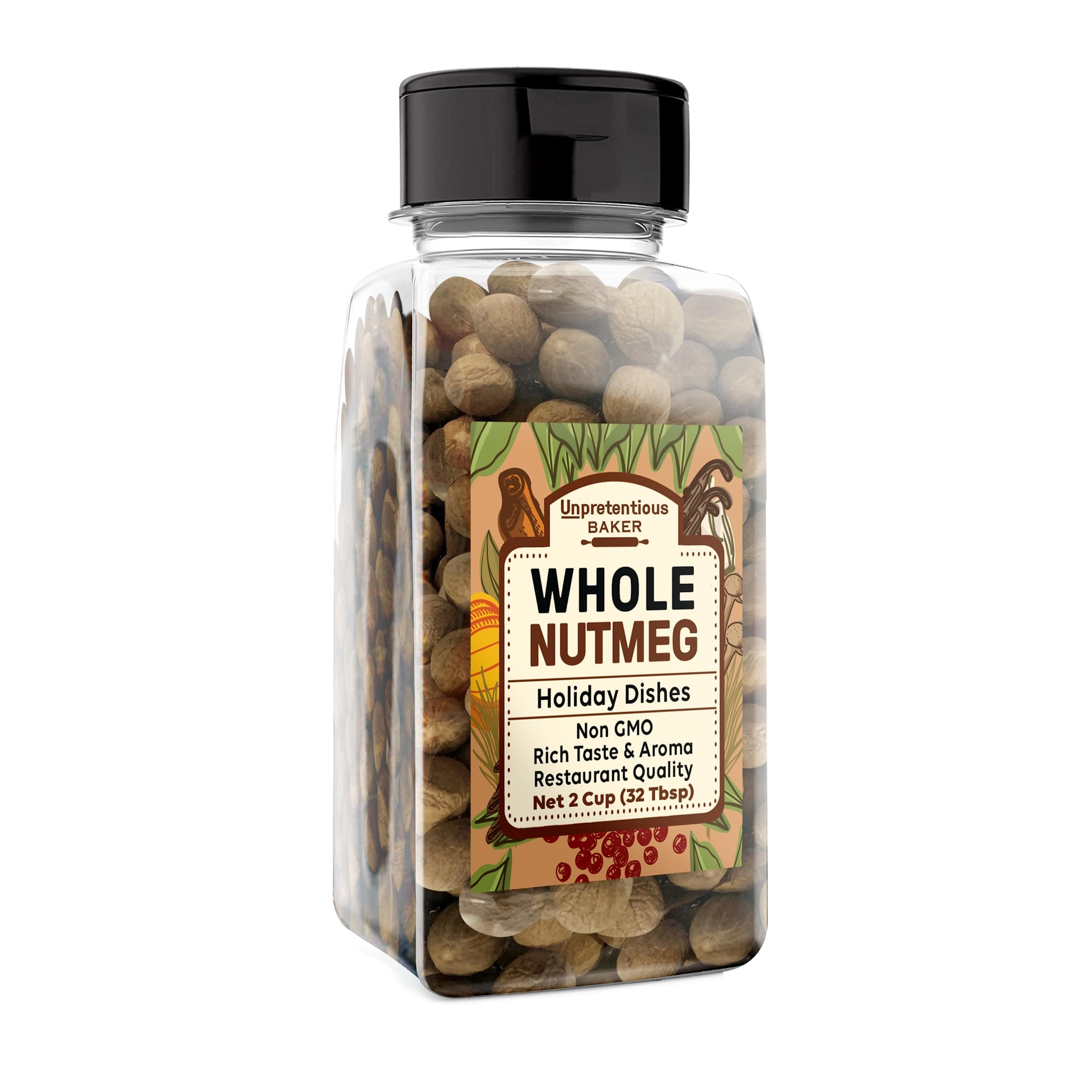 Unpretentious Whole Nutmeg (2 Cup) Reusable Plastic Spice Container, Ideal for Eggnog & Holiday Dishes, Baked Goods, Sweet & Savory Dishes