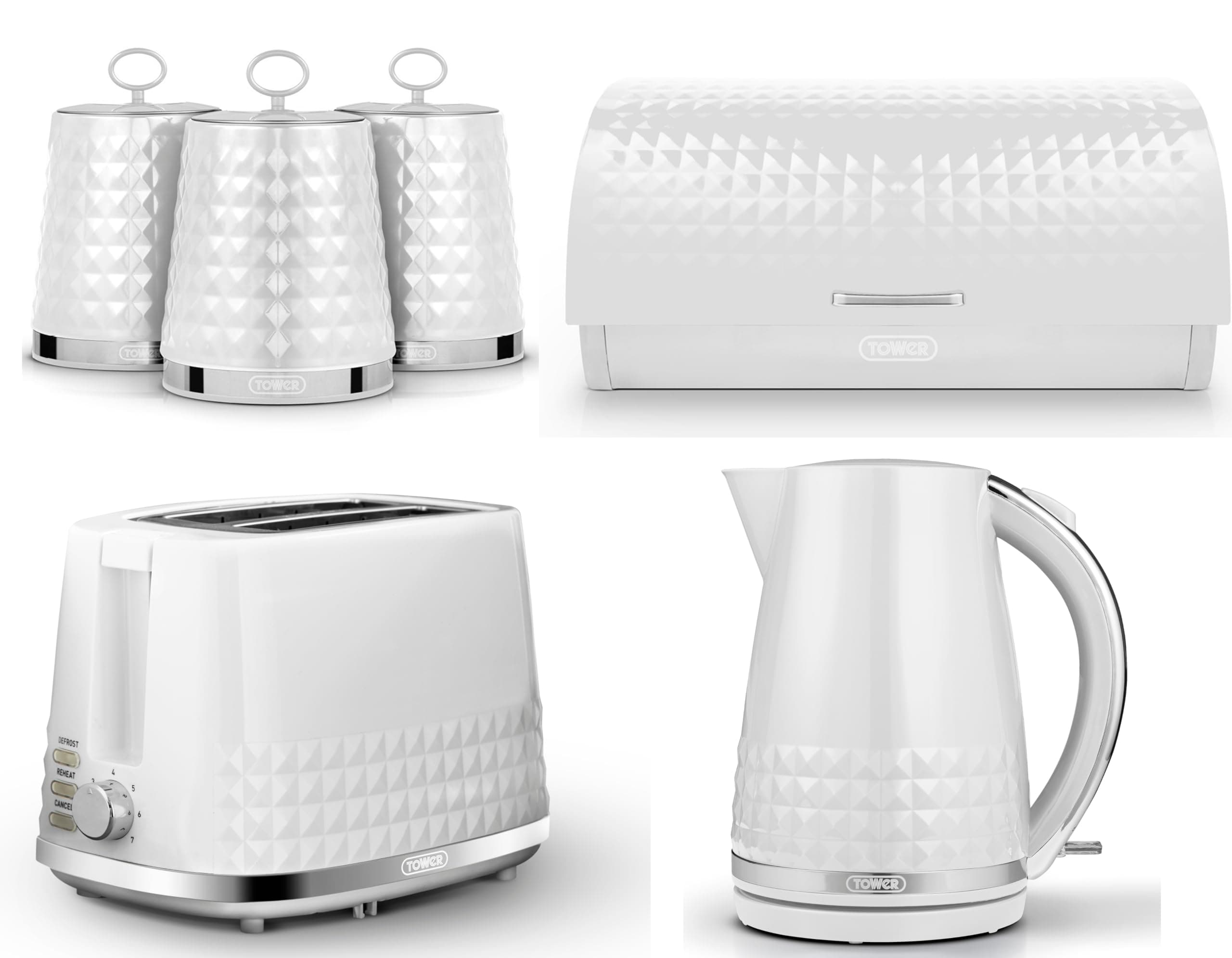 Tower Solitaire White 1.5L 3KW Jug Kettle, 2 Slice Toaster Bread Bin & Tea, Coffee, Sugar Canisters. Matching Contemporary Design Kitchen Set of 6 in White
