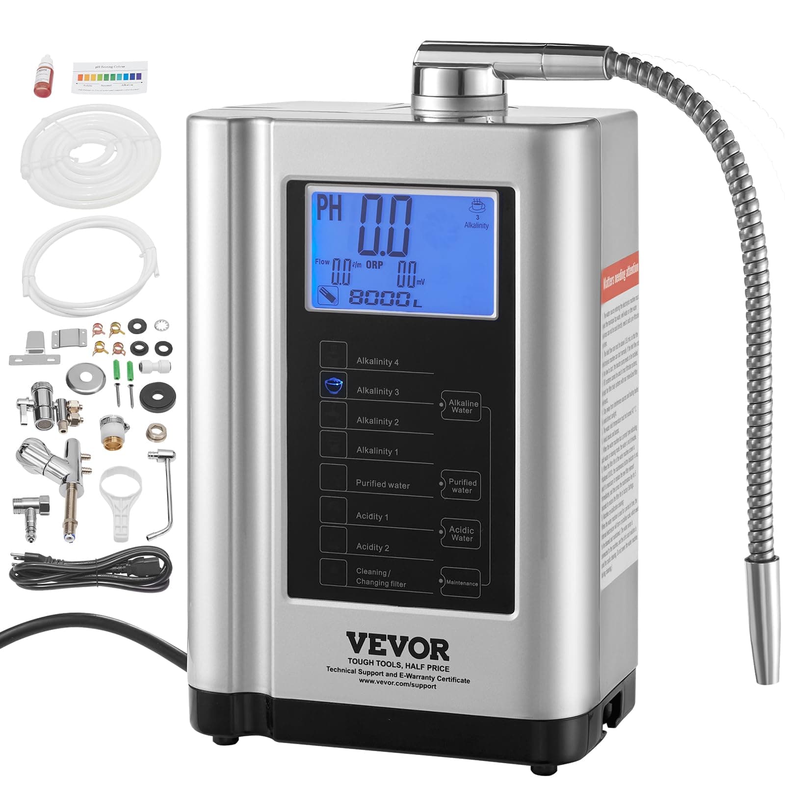 VEVOR Alkaline Water Ionizer Machine, pH 3.5-10.5 Alkaline Acidic Hydrogen Water Purifier, 7 Water Settings Home Filtration System, Up to -550mV ORP, 8000L Per Filter, Auto-Cleaning, White, Silver