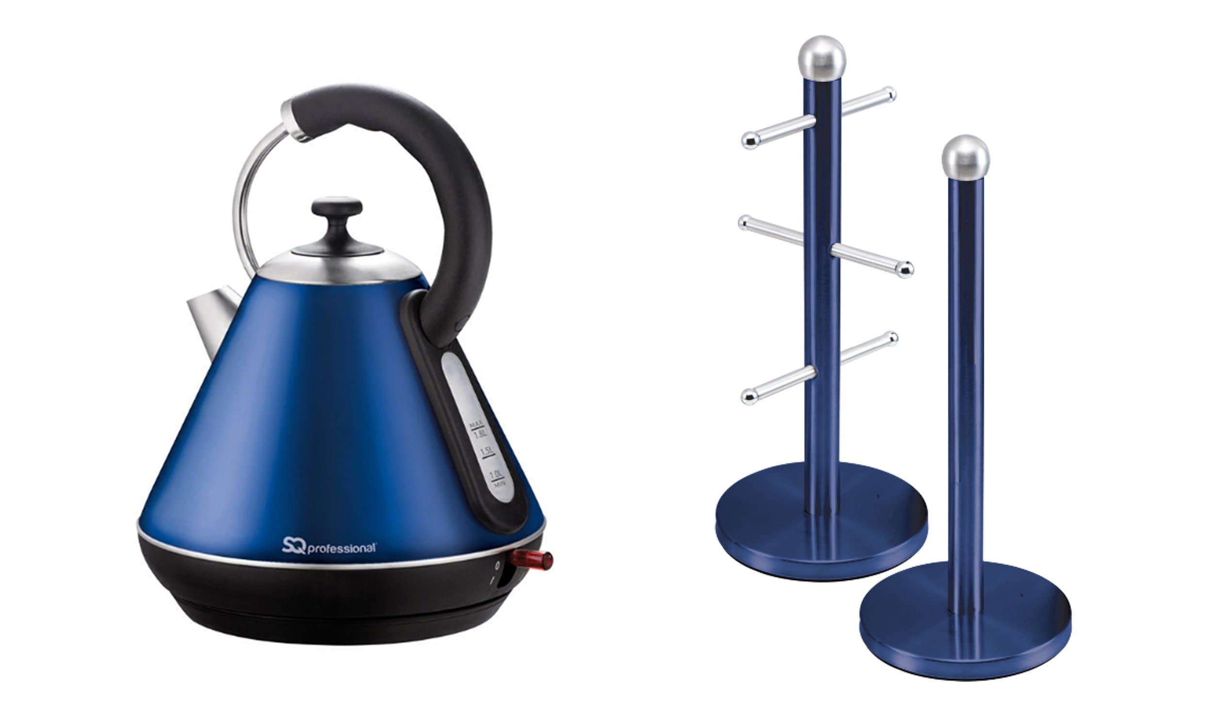 Gift Set of: Kettle and Mug Tree & Kitchen Roll Holder Stand Set in Black, Green, Orange, Purple, Blue or Silver (Blue)