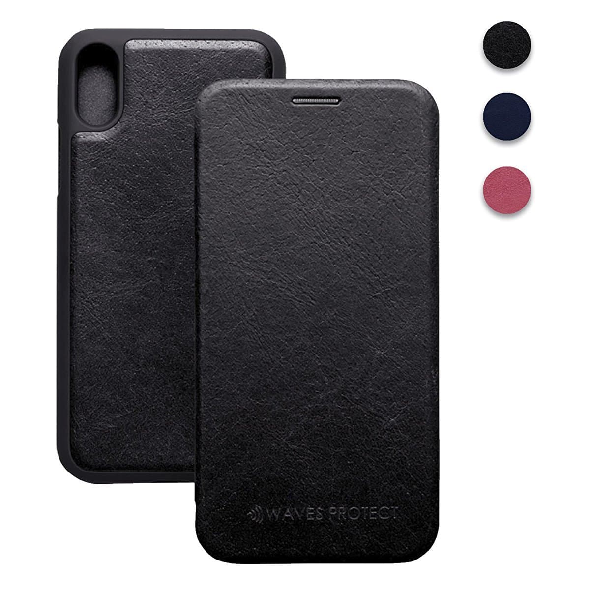 iPhone X 10 case Premium Leather flip Wallet Cell Phone Cover by Waves Protect Certified Anti-Radiation Protection (Black)