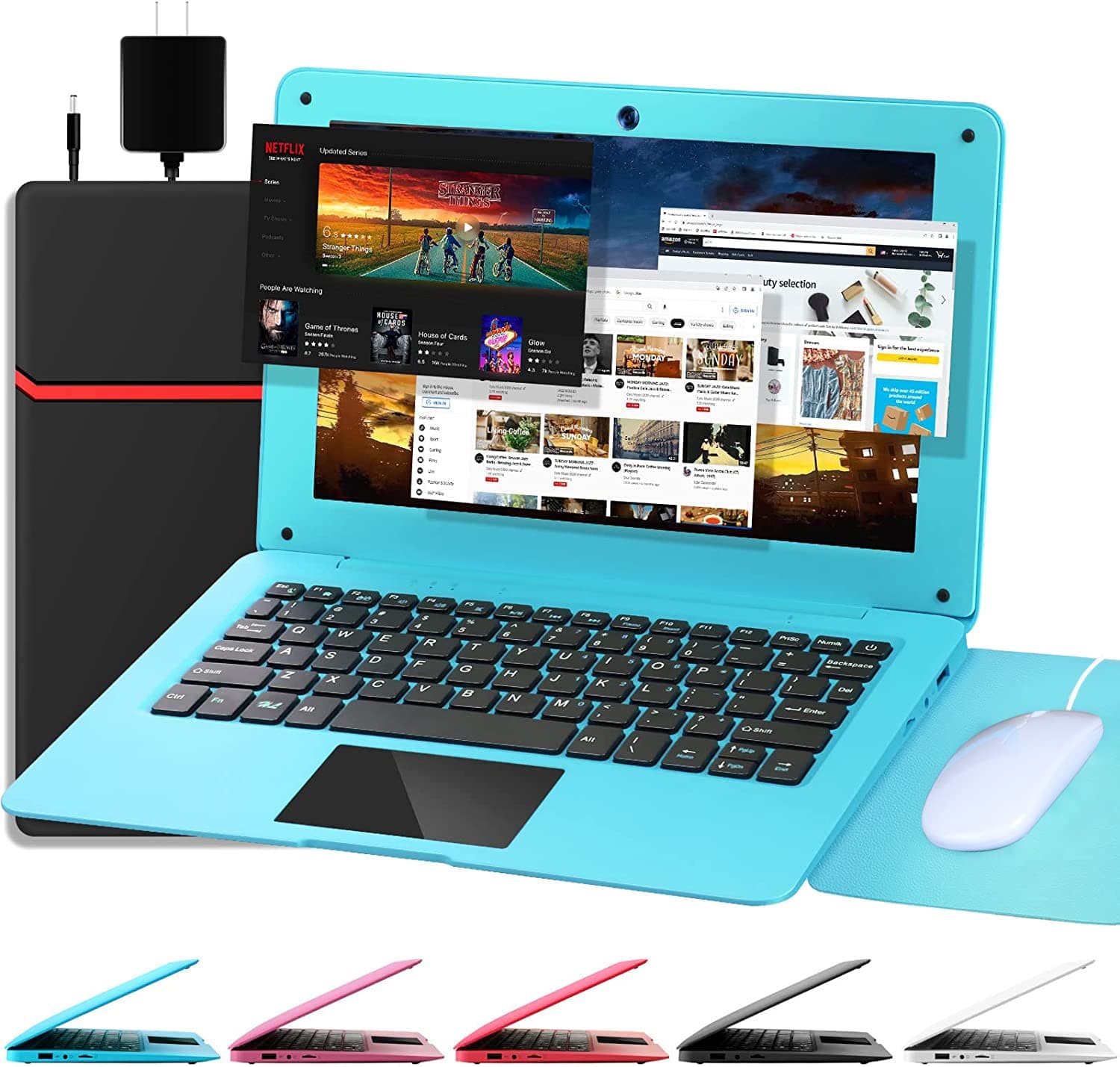 G-Anica Laptop Computer(10.1 inch), Quad Core Powered by Android 12.0, Netbook Computer with WiFi, Webcam and Bluetooth, Mini Laptop with Bag, Mouse, and Mouse Pad for Kids and Adults（Blue）