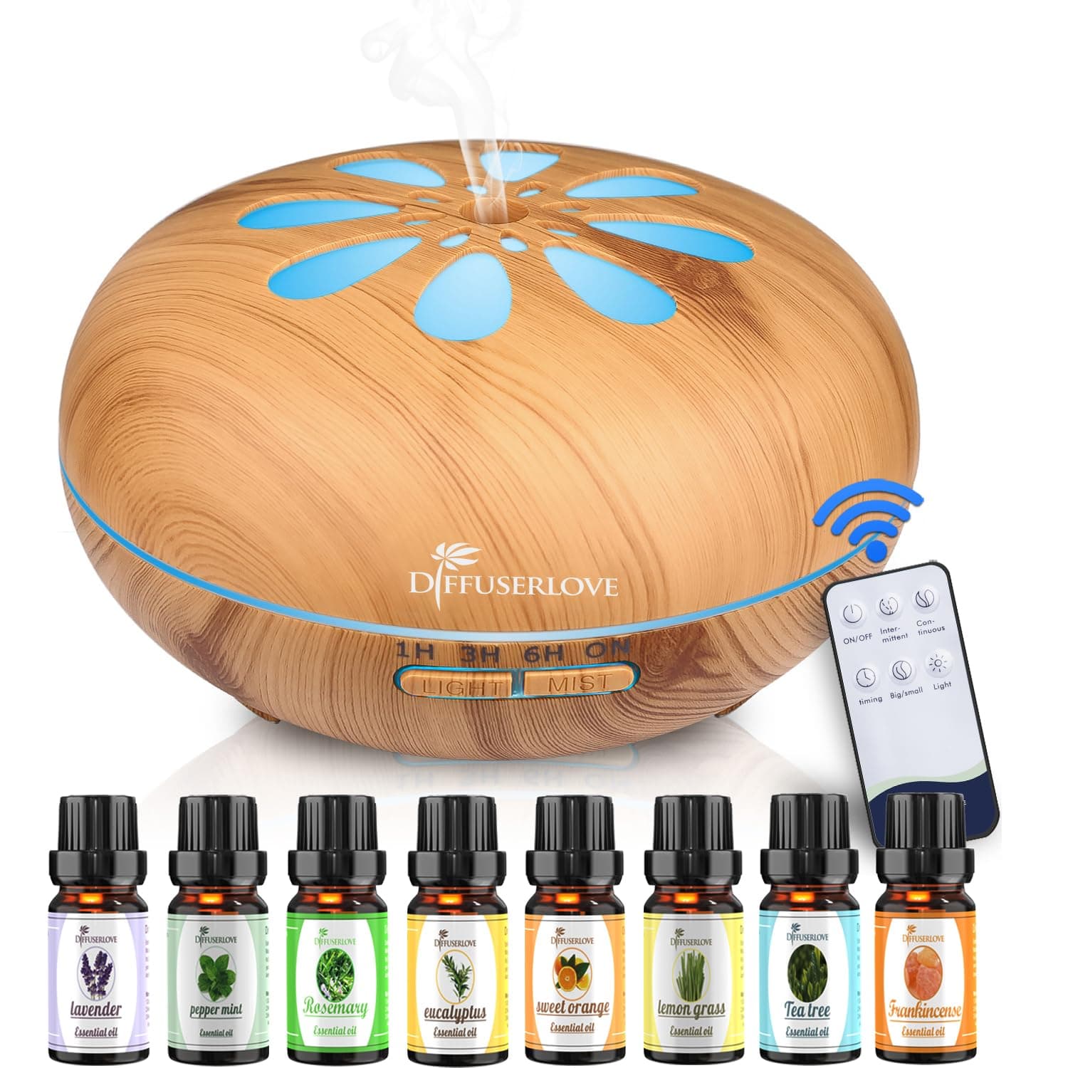 550ML Essential Oil Diffuser Humidifiers Wood Grain Cool Mist Humidifiers Ultrasonic Remote Control Aroma Diffusers for Home Bedroom Yoga Office Spa