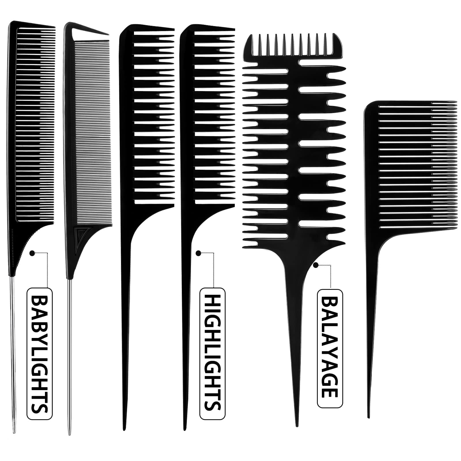 Patelai 6 Pcs Highlighting Comb Set Weaving Hair Dyeing Comb Weaving Sectioning Foiling Rat Tail Styling for Highlights Foiling Balayage Hair Coloring Men Women(Various Style)