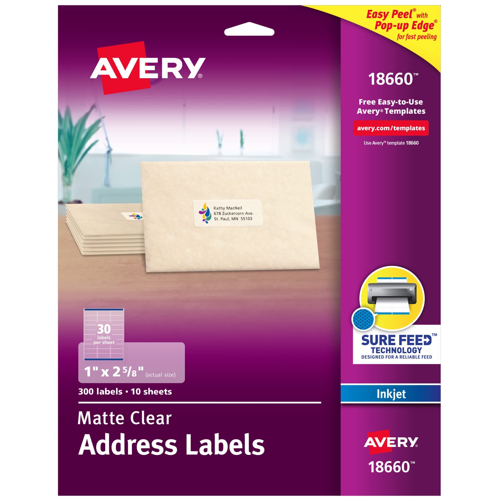 Printable Address Labels with Sure Feed, 1" x 2-5/8", Matte Clear, 300 Blank Mailing Labels (18660)