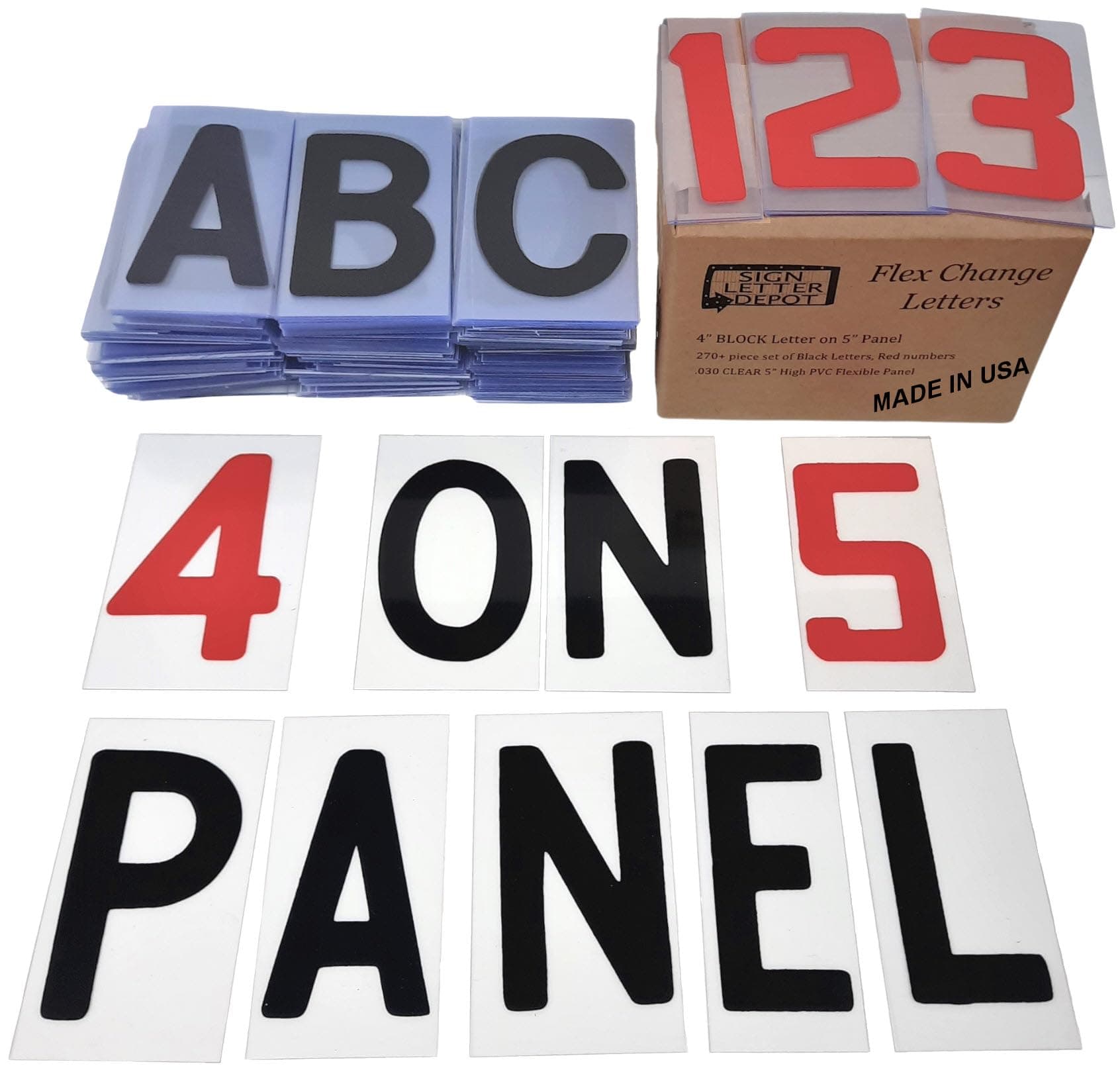 4" Flex Changeable Sign Letters on 5" Clear Panels – Black Letters & Red Numbers – Fits A-Frame, Sidewalk & Portable Signs – Made in USA