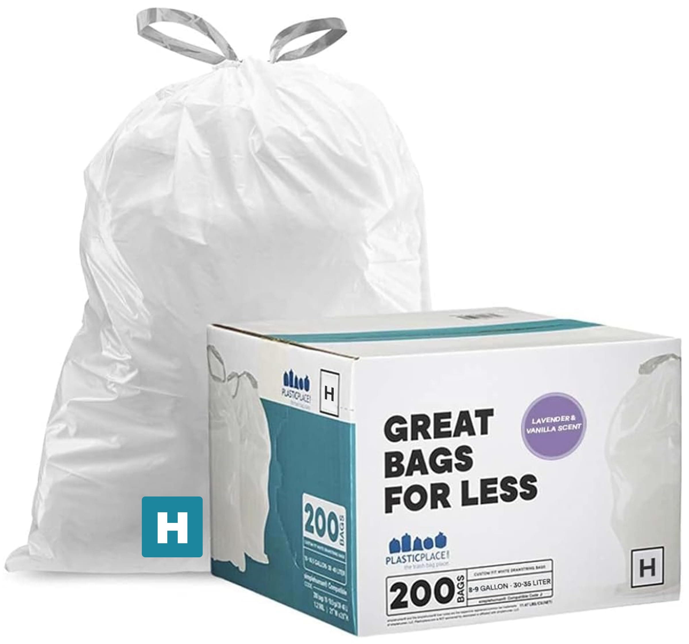 PlasticplaceTRA170WHLV White Drawstring Lavender and Soft Vanilla Scented Garbage Can Liners, Code H Compatible (200 Count), 8-9 Gallon 30-35 Liter, 18.5" x 28"
