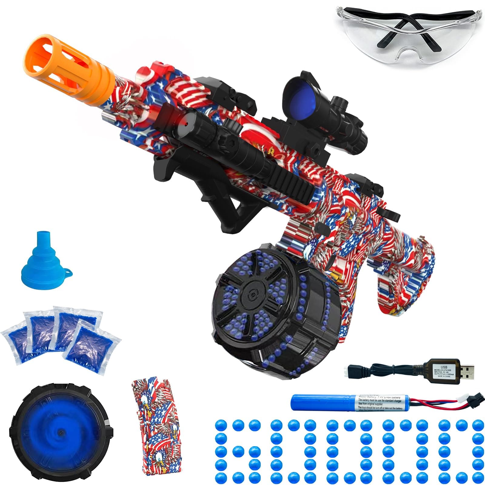 Electric Gel Ball Blaster, High Speed Automatic Splatter Ball Blaster with 40000+ and Goggles, Rechargeable Splatter Ball Toys for Outdoor Activities Shooting Game Party Favor-Flag