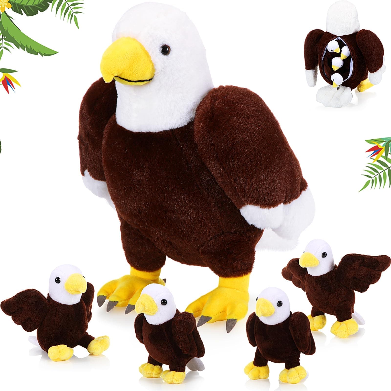 5 Pcs Eagle Stuffed Animal Bulk 1 Plush Mommy with 4 Cute Babies Plush Wild Bald Eagles Stuffed Animal Toy for Boys Girls Birders Zoo Gifts