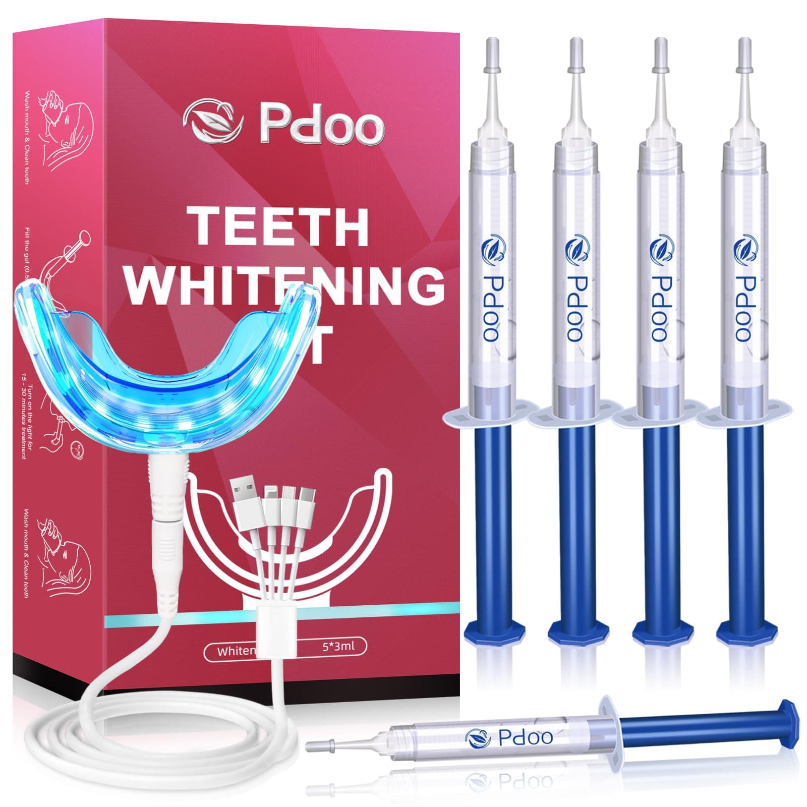 Pdoo Teeth Whitening Kit with LED Light for Sensitive Teeth, Fast Results Whitening at Home, Teeth Whitening Gel Helps Remove All Kinds of Stain