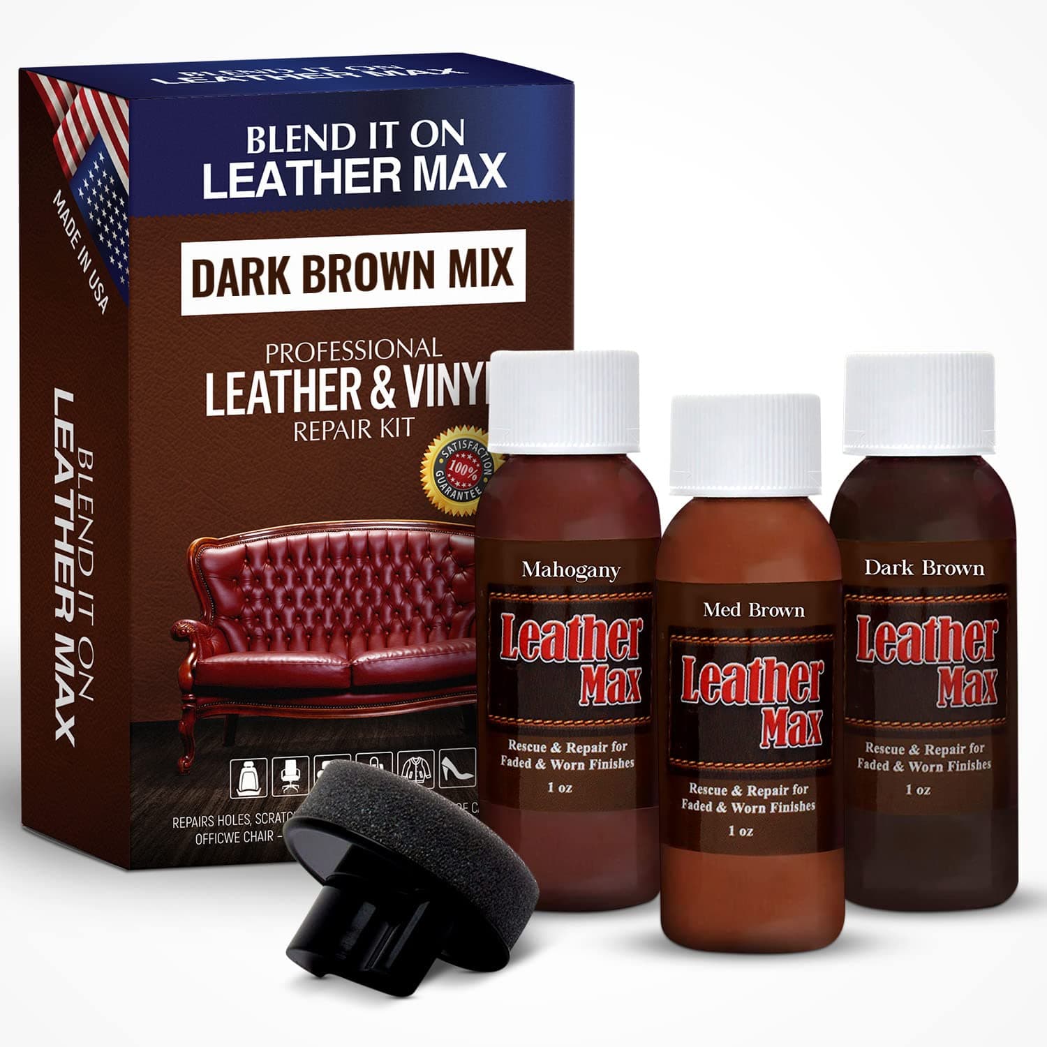 Blend It On Leather Max Quick Refinish and Repair Kit Dark Brown, Restore Couches, Recolor Furniture & Repair Car Seats, Sofa, Boots 3 Color Shades to with Leather, Vinyl, Bonded (Bold Dark Browns)