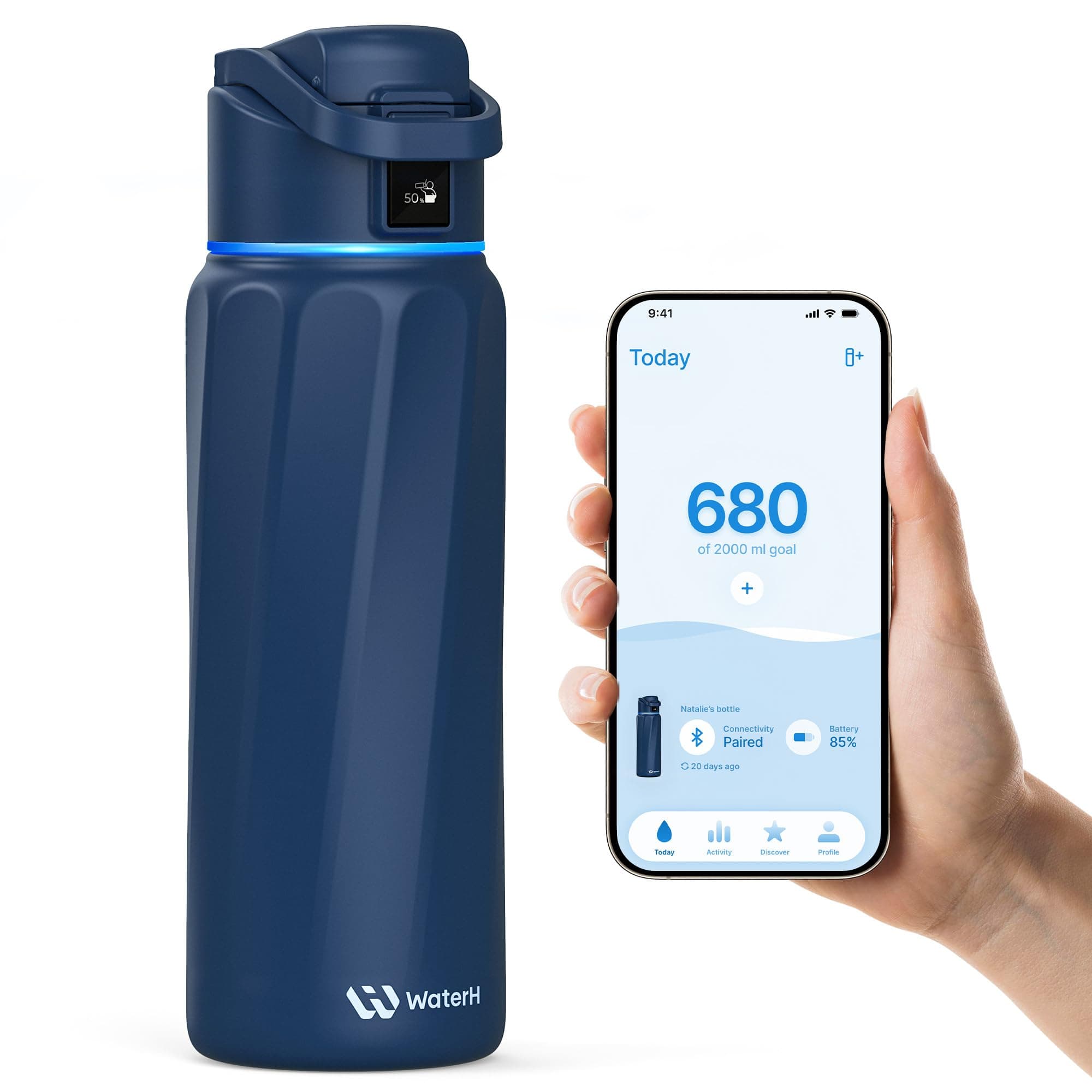 BOOST Smart Bottle with Reminder to Drink & Tracker Bottle - Double Wall Vacuum Insulated Bottle Stainless Steel, Wide Mouth 32 oz Bottles, Ideal for Gift (Navy Blue)