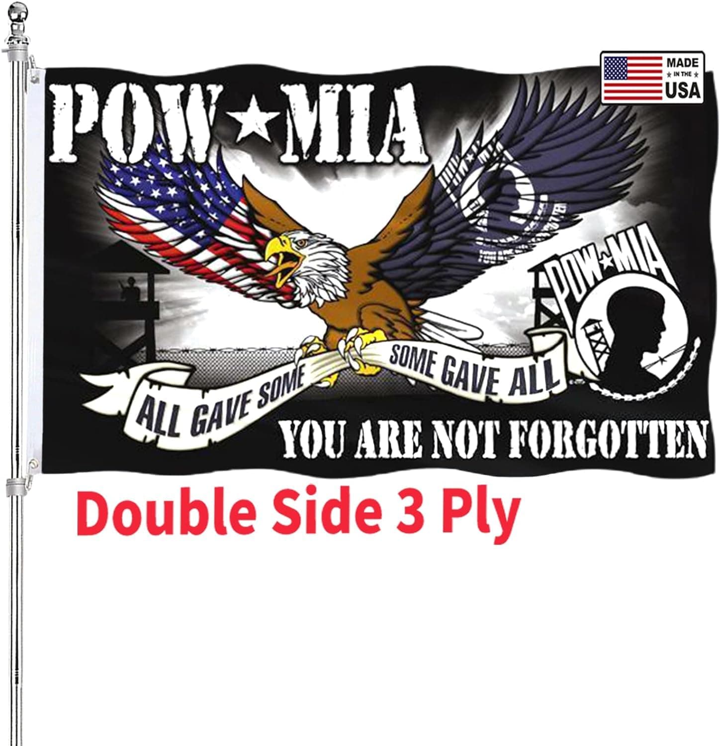 ARSOF Eagle Pow Mia Flag 3x5 Ft Outdoor Heavy Duty Polyester Military Pow Flags Eagle Double Sided 3 Ply Banner 200D with Durable Canvas Header and 2 Brass Grommets Powmia flag