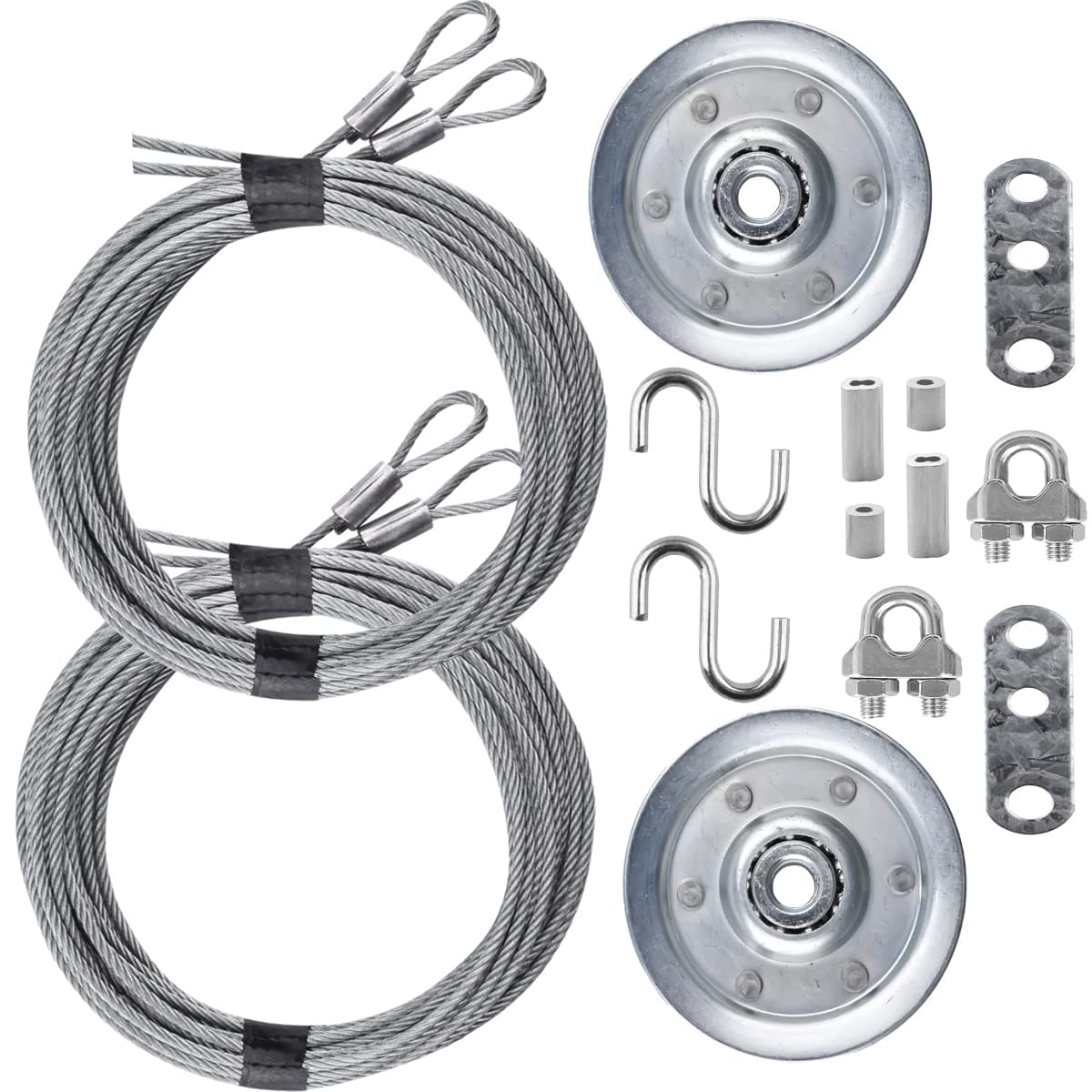Garage Door Cable and Pulley Replacement Kit Including 4 Galvanized Aircraft Cables (2 Pairs) - 3/32" and 1/8" Diameter, Two Heavy Duty 3" Sheaves, 10 Fasteners for Overhead Sectional Garage Doors