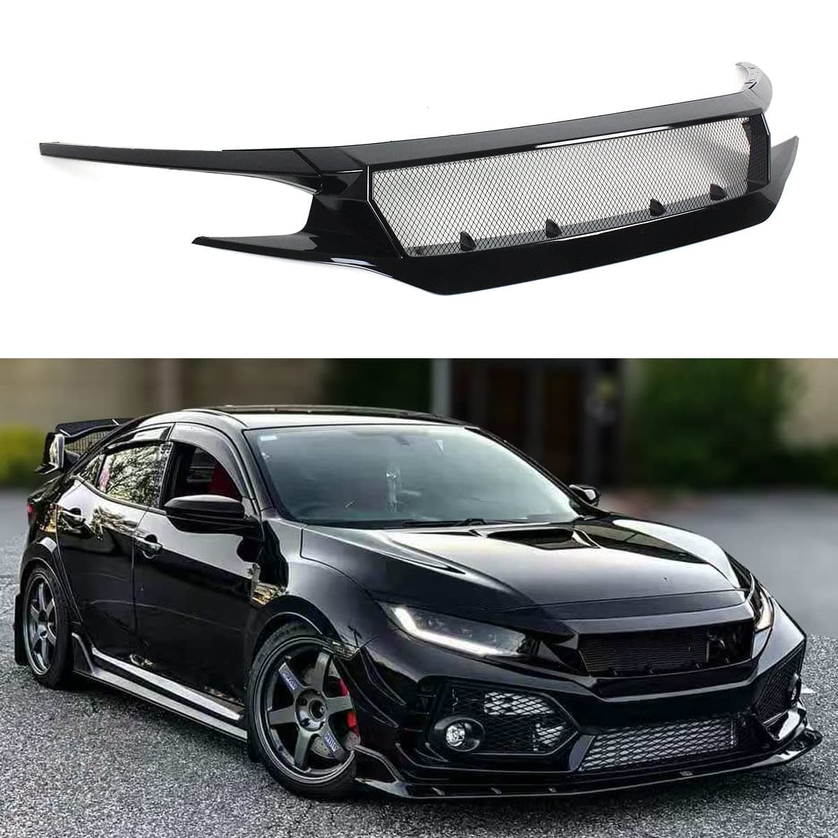 High Flow Gloss Black Mesh Performance Replacement Sport Front Grille Grill Compatible for 2016-2021 Honda Civic Si Hatchback