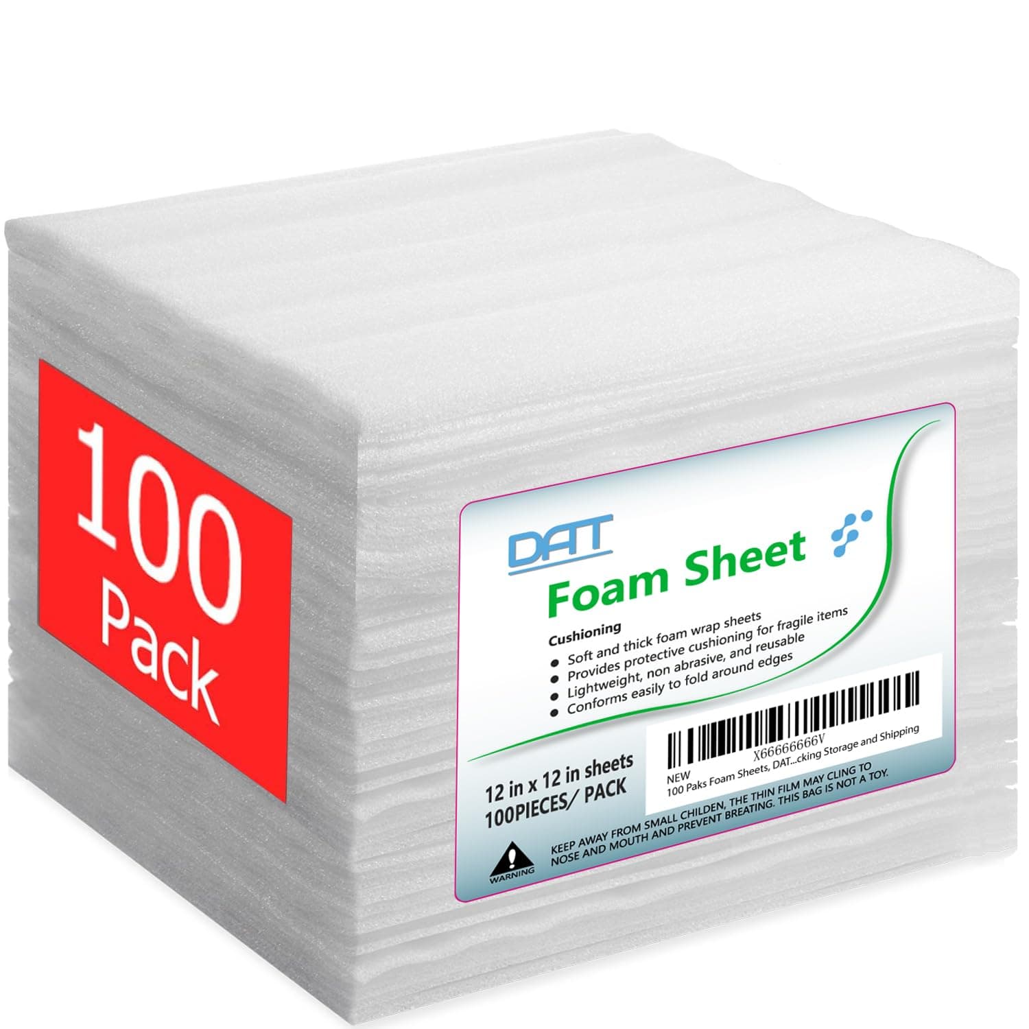 100 Pack Foam Sheets, DAT 12" x 12", 1/16" Thickness, Foam Wrap Cushioning Material, Moving Supplies for Packing Storage and Shipping