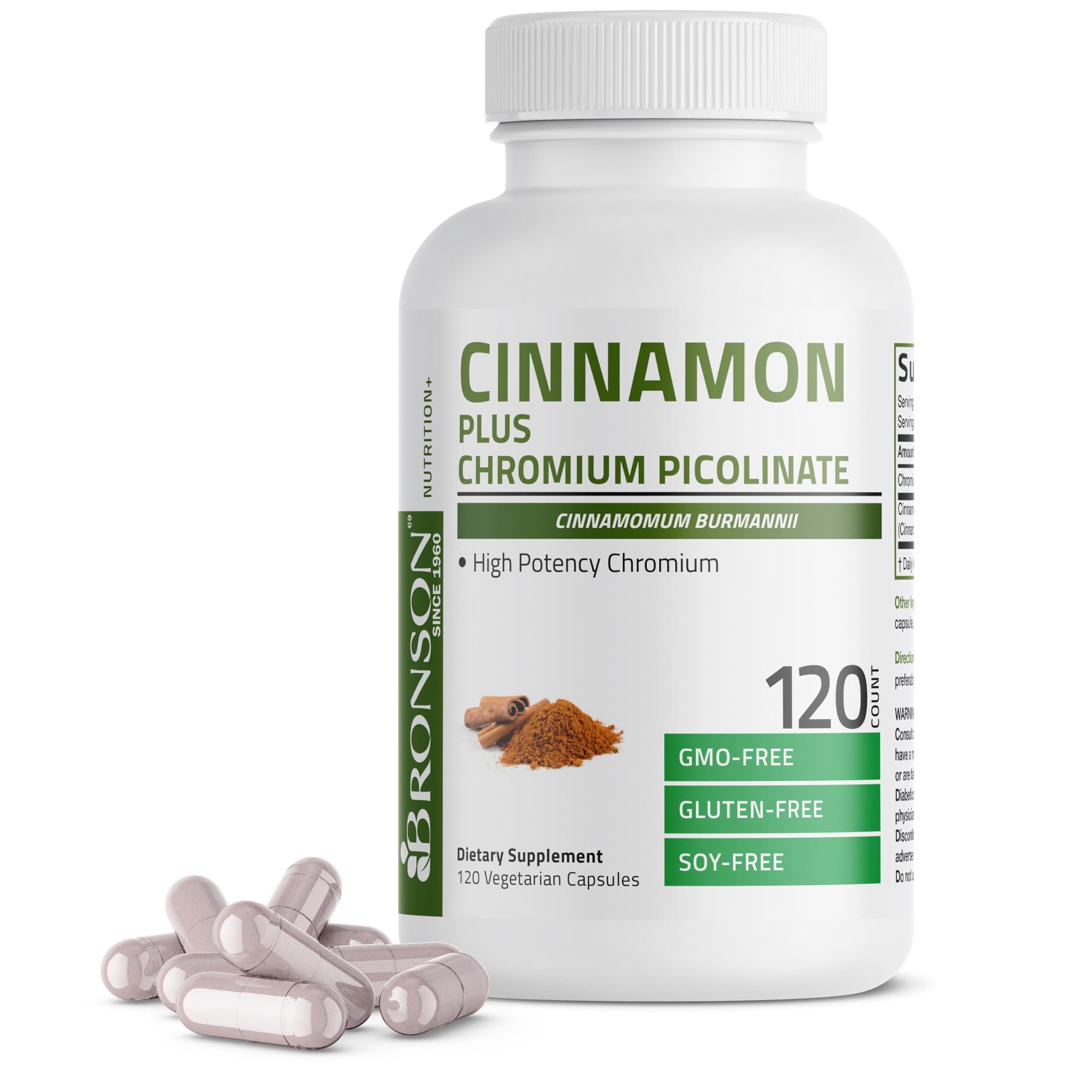 Cinnamon Plus Chromium Picolinate Supplement, High Potency Chromium, Non-GMO, 120 Vegetarian Capsules