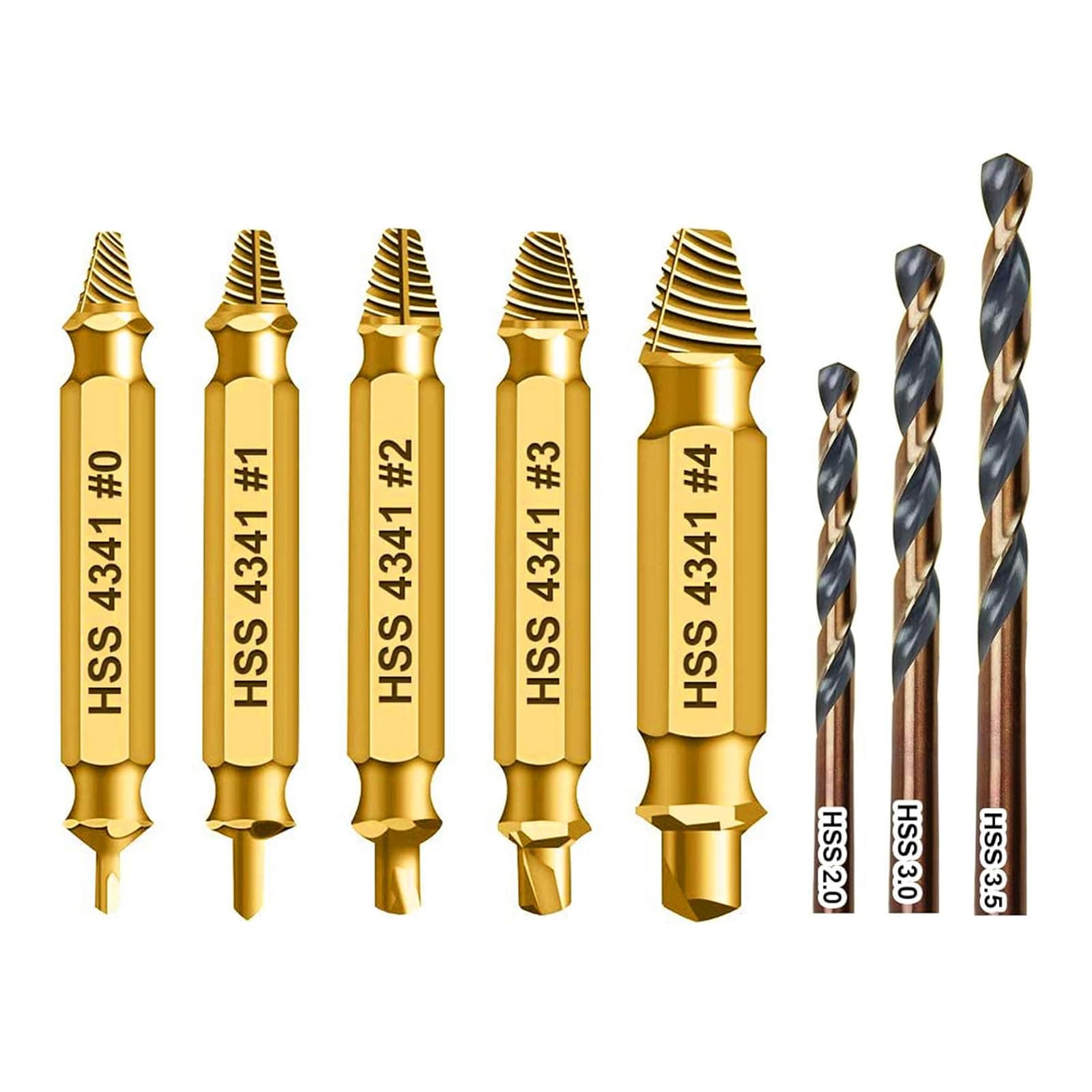 Damaged Screw Extractor, 8 PCS Broken Damaged & Stripped Screw Remover Set - Remover for Stripped Head Screws Nuts & Bolts, Drill Bit Tools for Easy Removal of Rusty & Broken Hardware, Gold