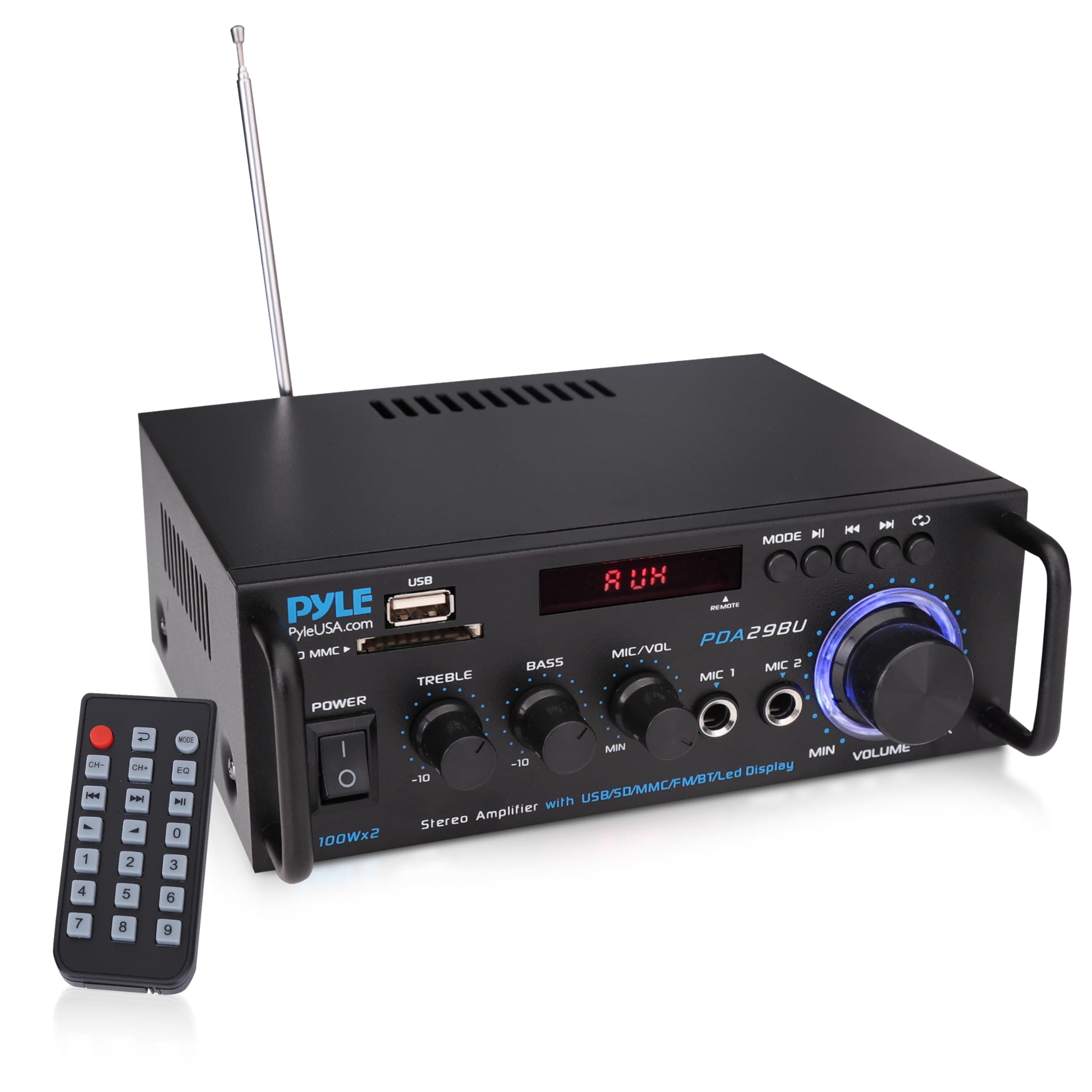 Pyle 200W Stereo Power Amplifier with Bluetooth - Dual Channel Audio Receiver - LED Display - RCA - USB - SD - MIC IN - FM Radio - AUX Input - Perfect for Home & Computer Audio - PDA29BU.5