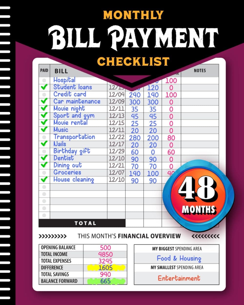 Monthly Bill Payment Checklist: Bill Tracker Notebook, The 4-Year Guide for Families & Money Managers, 960 Billing Records Included!