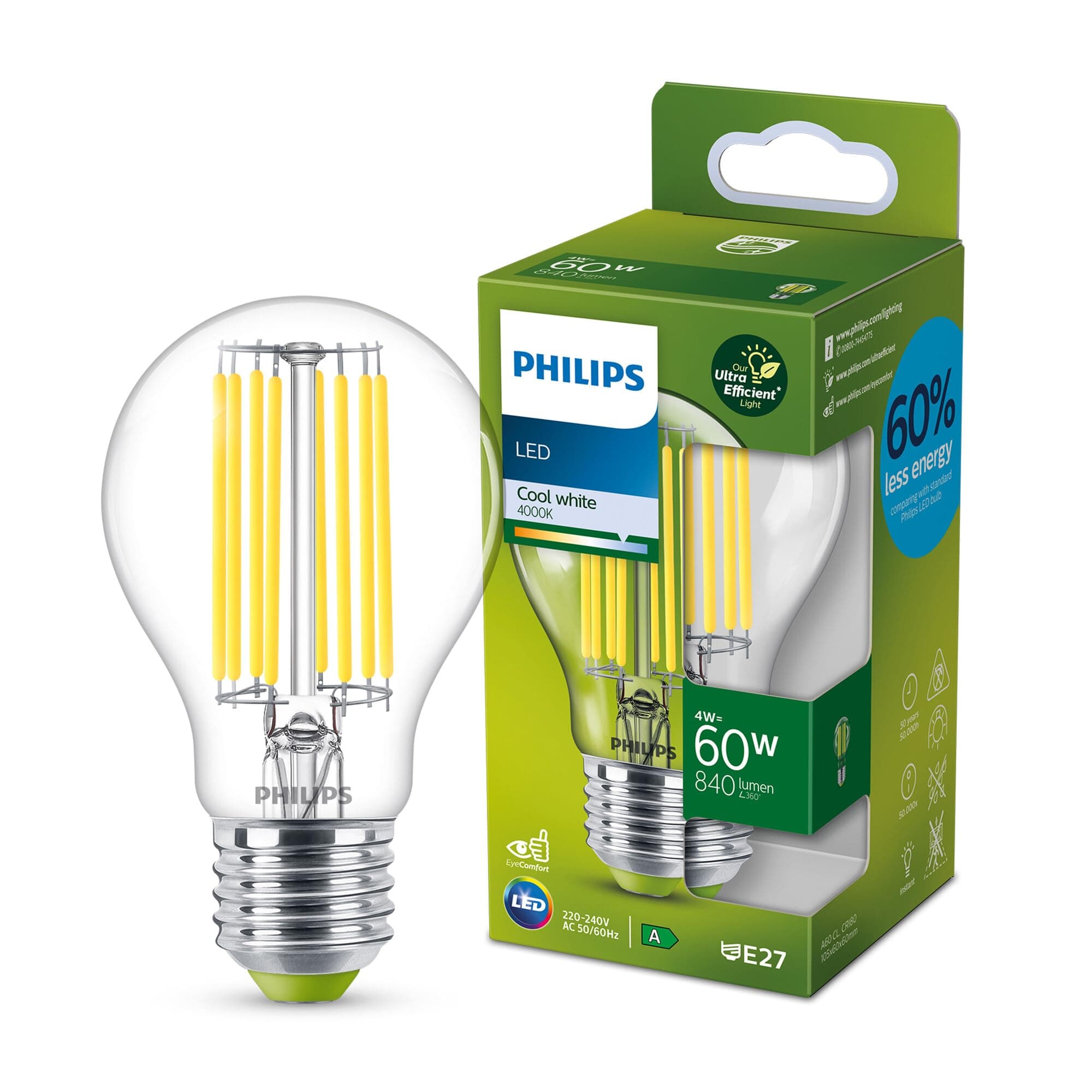 Ultra Efficient - Ultra Energy Saving Lights, LED Light Source, 60W, A60, E27, Cool White 4000 Kelvin, Clear