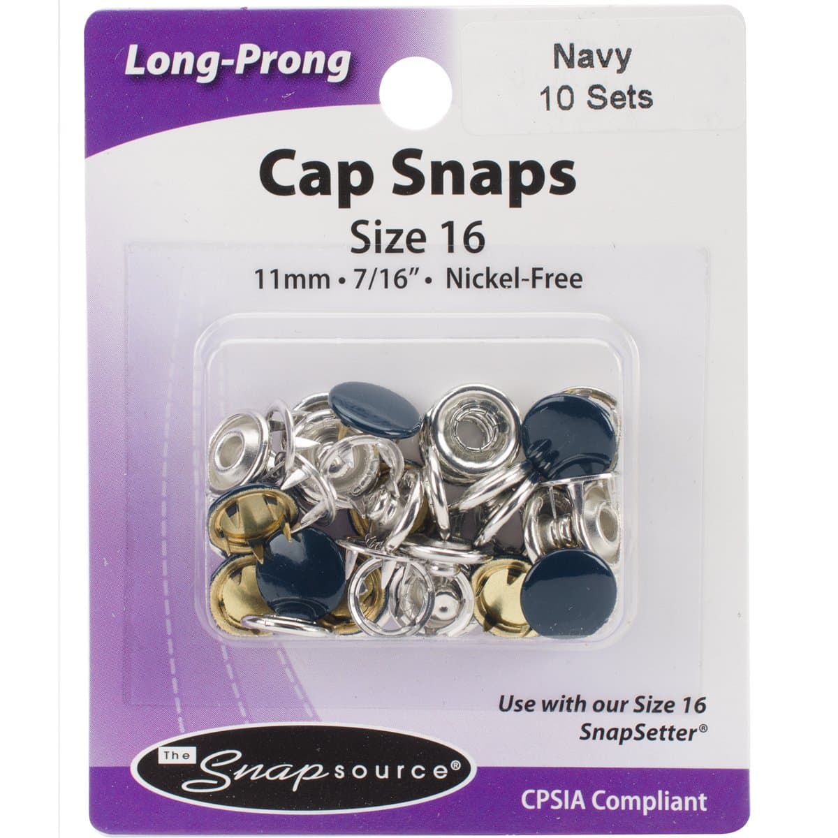 Snap Source Capped Long-Prong Snaps Size 16 10/Pkg-Navy