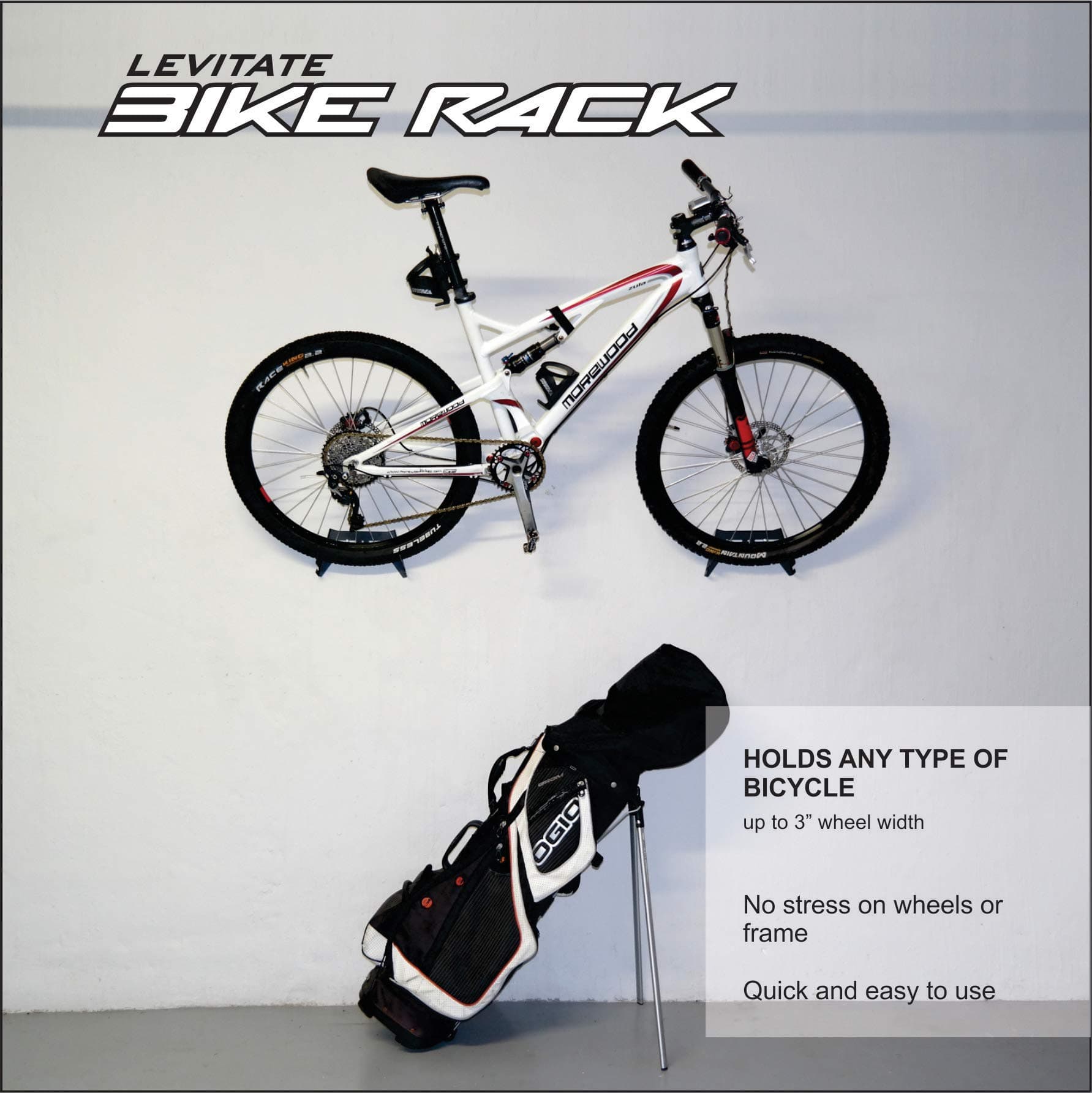 GLI - Adjustable Wall Mounted Bike Rack & Accessory Hook Combo (Black, Red & White)