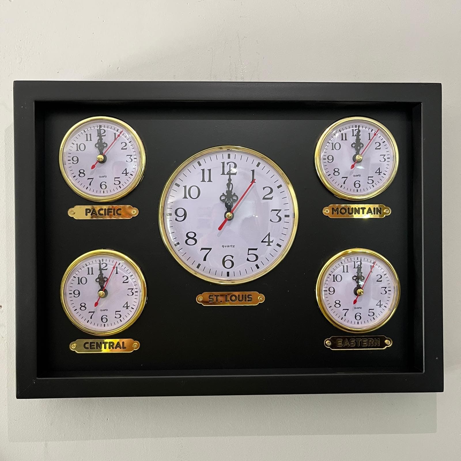 Generic Customizable 4+1 Time Zone Wall Clock. Multi-Time Zone Clock with Sturdy Wood Frame and HD Glass Lens. 10 x 11.81 x 1.18 inches, Gold