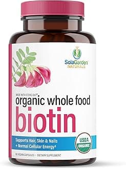 USDA Organic Whole Food Biotin Supplement, Made with Plant-Based Biotin from Sesbania Agati Trees, by SolaGarden Naturals, 60 Non-GMO Vegan Capsules, Supports Hair, Skin, and Nails, Made in USA