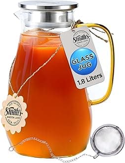 Smiths Mason Jars 1.8L Borosilicate Glass Water Pitcher with Infuser - Stylish Infused Jug with Removable 2-Way Lid and Tea Ball Infuser, Versatile for Hot - can use on hob - and Cold Drinks
