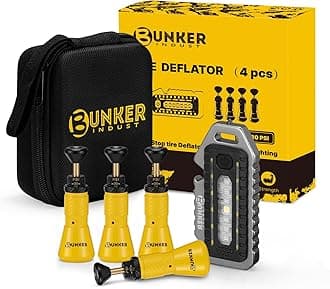 BUNKER INDUST Adjustable Auto-Stop Offroad Tire Air Deflator Kit, 4 PCS Tire Air Down Valve(10-30 PSI) / 1 PCS Multifunctional LED Light Features Safety Whistle and Bottle Opener/Carrying Case