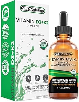 SBR Nutrition MAX Absorption, Vitamin D3 + K2 (MK-7) Liquid Drops with MCT Oil, Peppermint Flavor, Helps Support Strong Bones and Healthy Heart