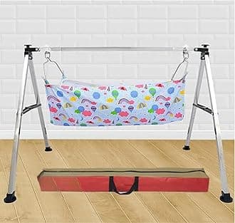 TRENDY CREATION HUB Foldable Cradles for 0 to 2 Years Baby Swing Cradle for New Born Baby Strong & Sturdy Cotton Jhula Palna Ghodiyu Hammock (Black - Square Rod)